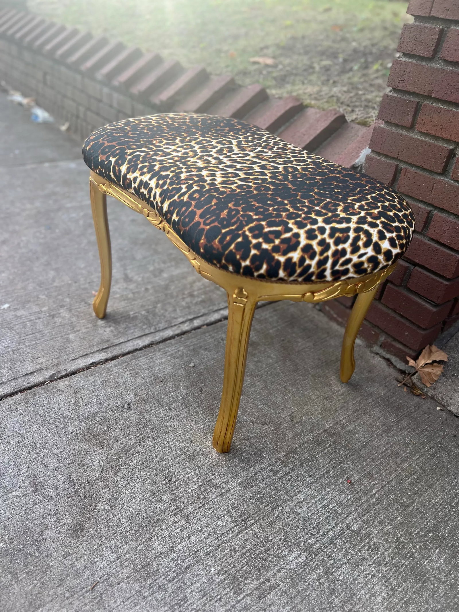 1960s Leopard Louis XV Gold Leaf Bench Stool Ottoman Real Solid Wood - 4