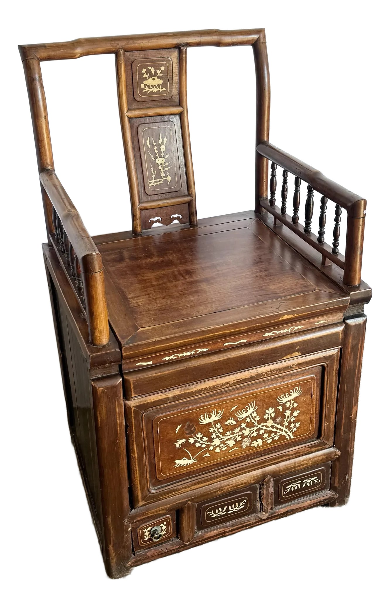 Antique Chinese Qing Dynasty Style Inlayed and Carved Storage Chair (1 of 12)
