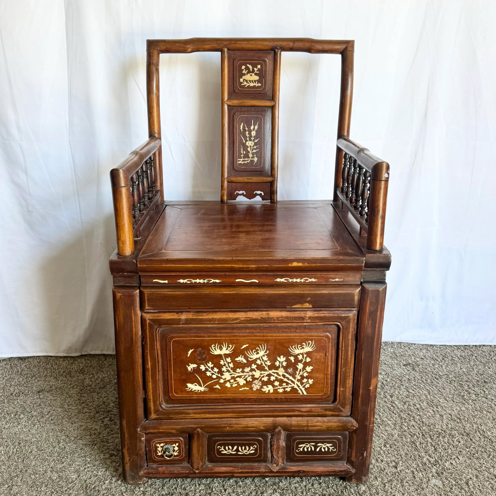 Antique Chinese Qing Dynasty Style Inlayed and Carved Storage Chair - 2