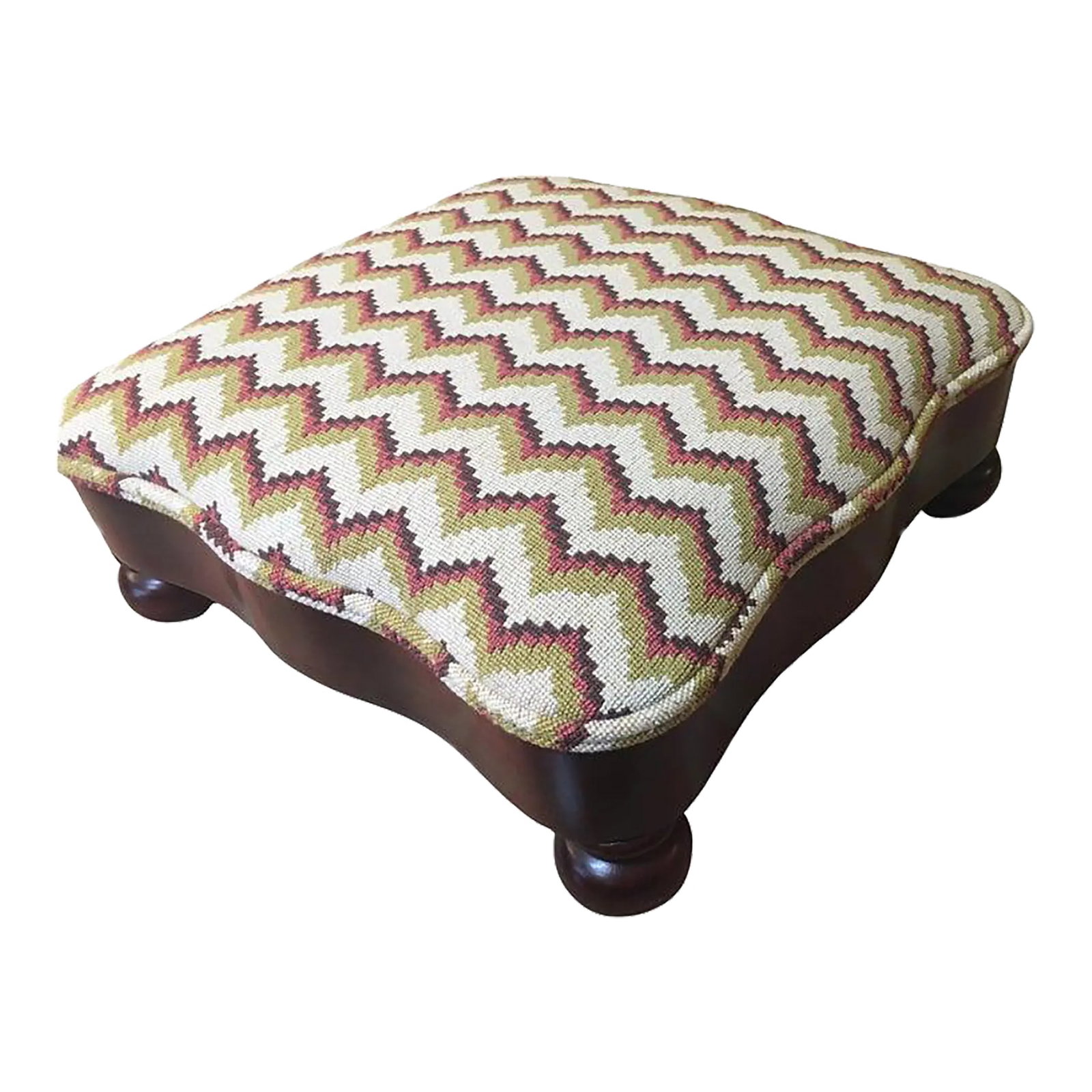 Regency Mahogany Serpentine Footstool W/ Chevron Pattern Needlepoint Upholstery: This large size square mahogany footstool features serpentine sides, round bun feet and is upholstered with attractive chevron pattern needlepoint in cream, gold and rust colors. A handsome piece to