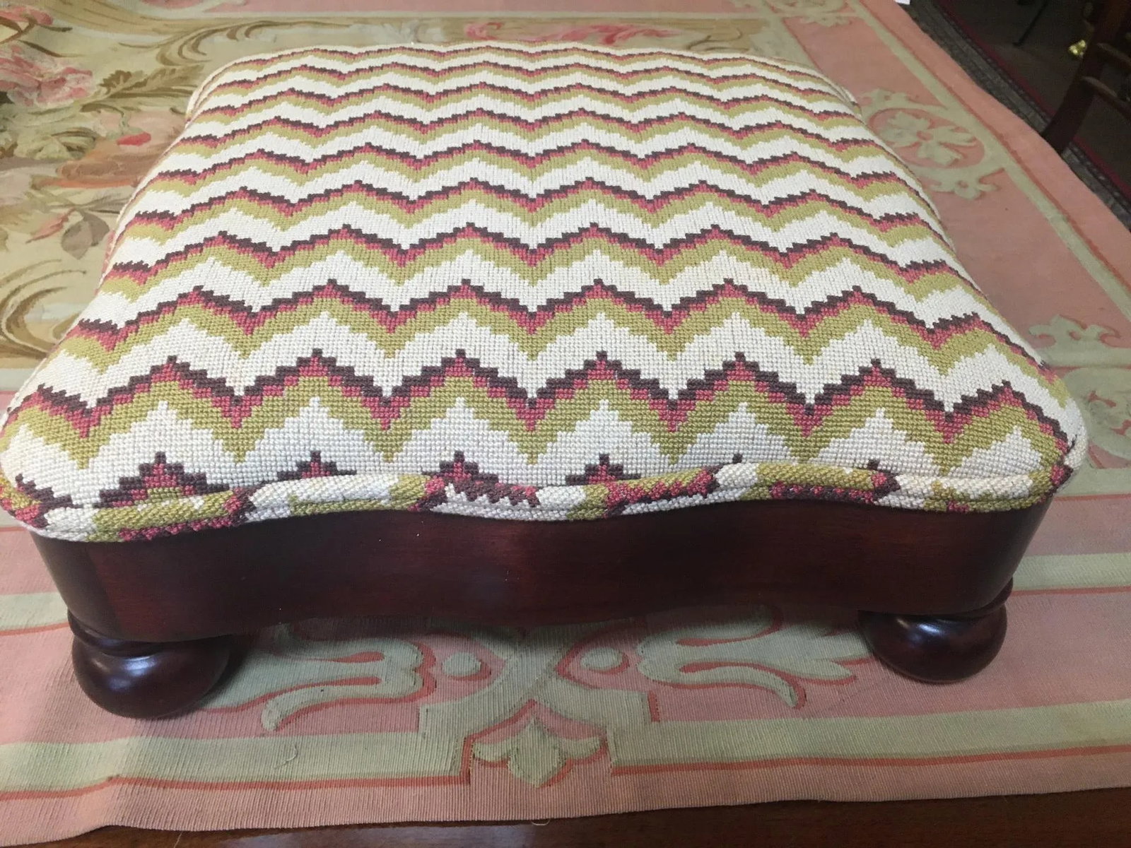 Regency Mahogany Serpentine Footstool W/ Chevron Pattern Needlepoint Upholstery - 2
