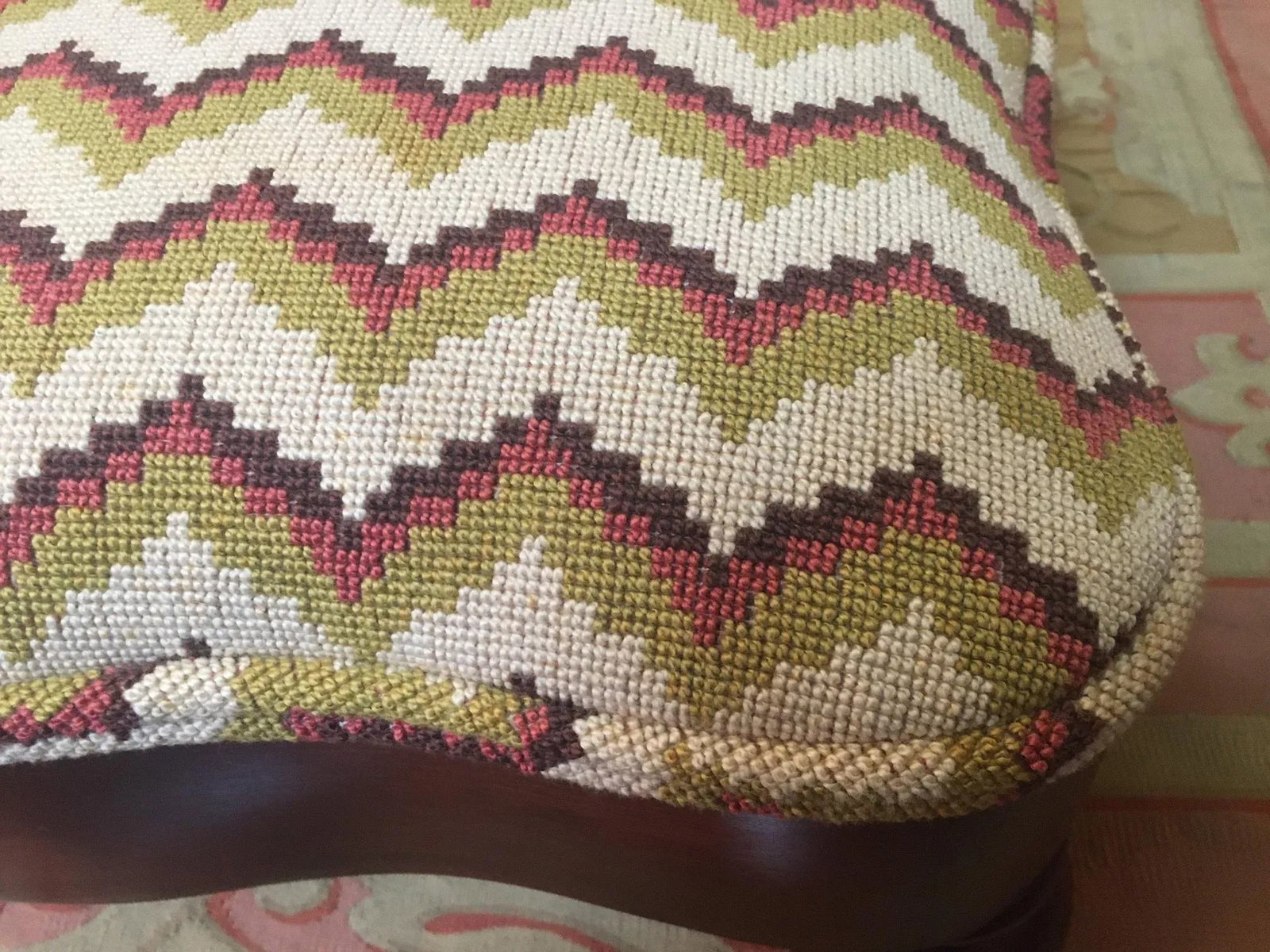 Regency Mahogany Serpentine Footstool W/ Chevron Pattern Needlepoint Upholstery - 3