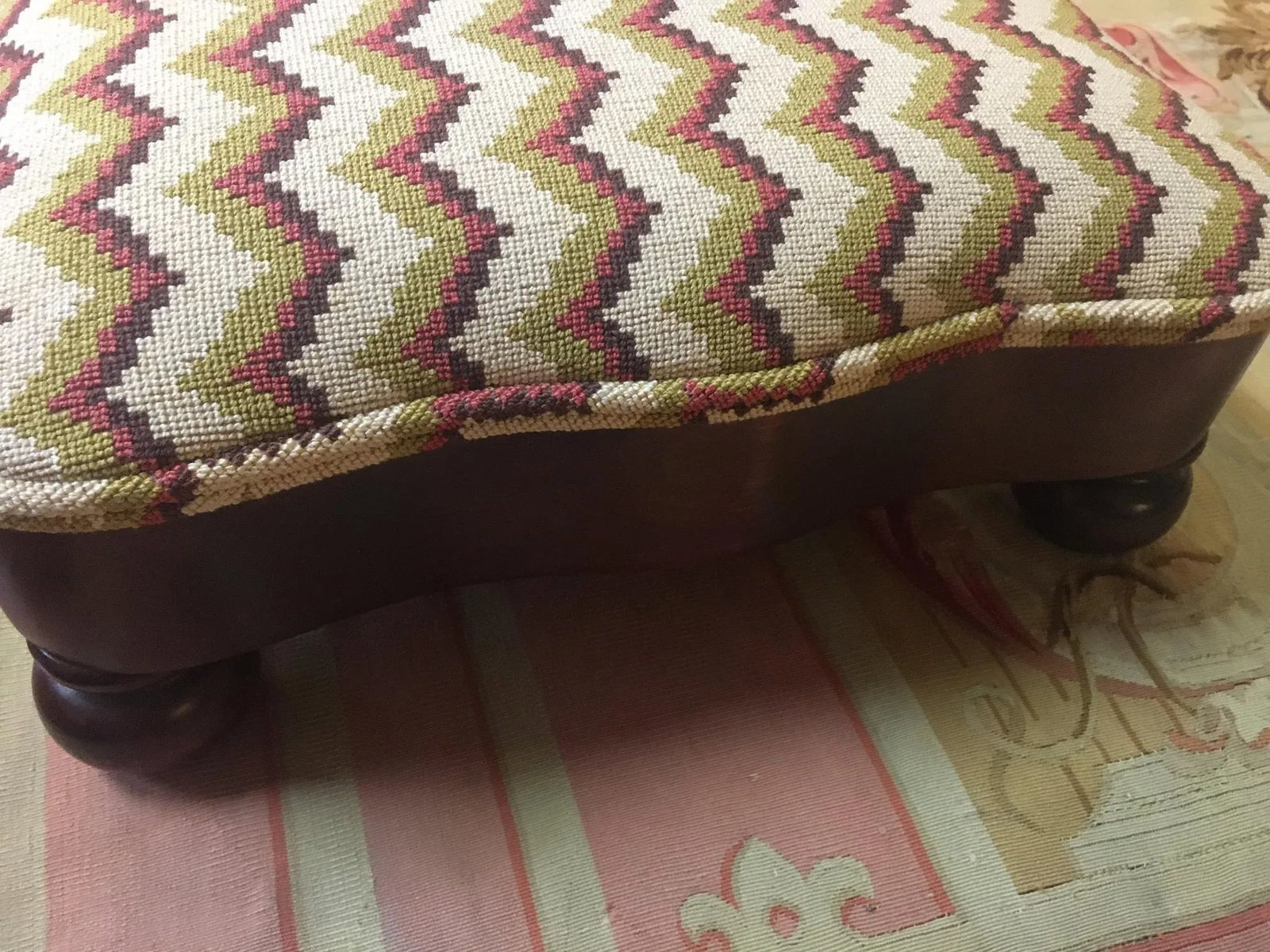 Regency Mahogany Serpentine Footstool W/ Chevron Pattern Needlepoint Upholstery - 4