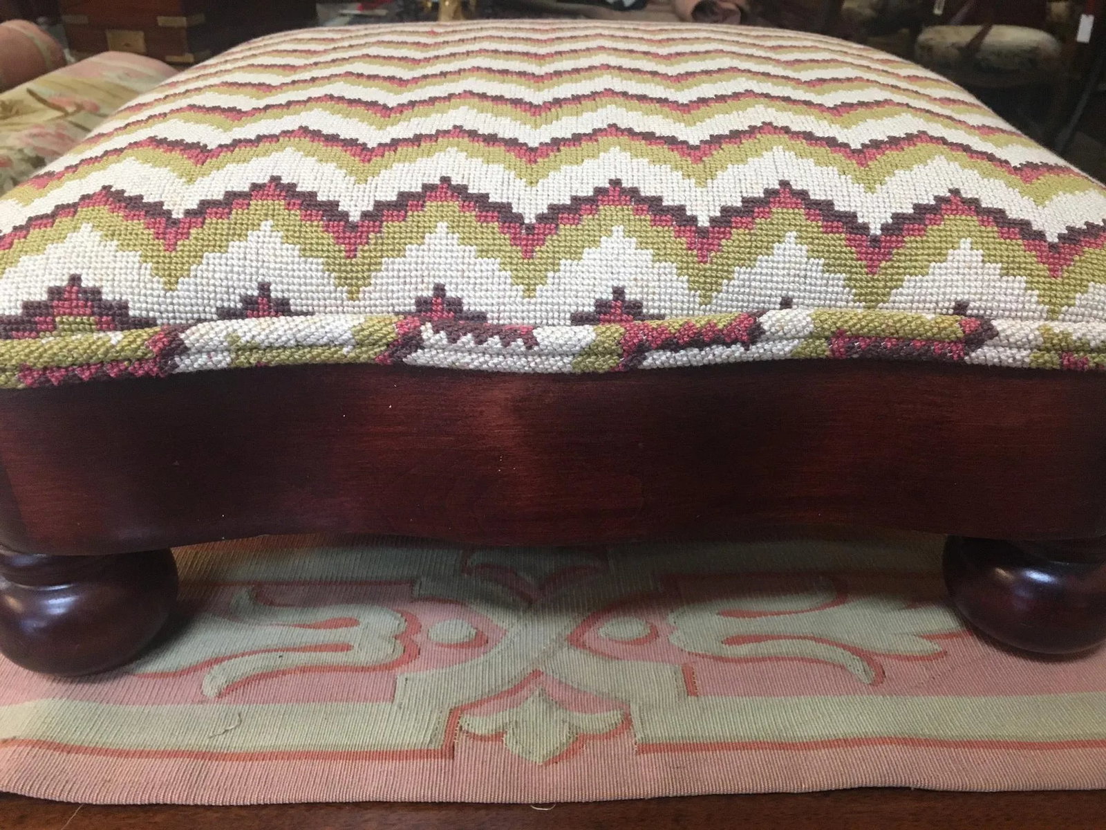 Regency Mahogany Serpentine Footstool W/ Chevron Pattern Needlepoint Upholstery - 5