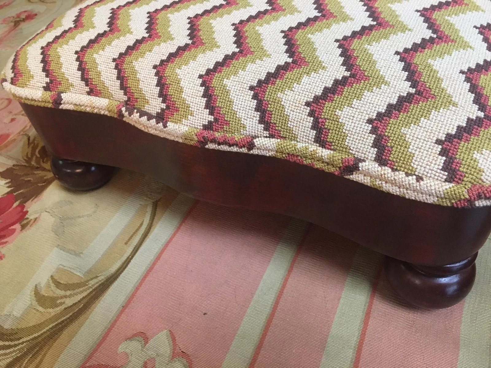 Regency Mahogany Serpentine Footstool W/ Chevron Pattern Needlepoint Upholstery - 6