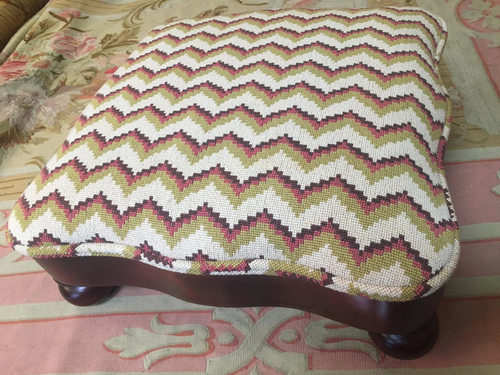 Regency Mahogany Serpentine Footstool W/ Chevron Pattern Needlepoint Upholstery - 8