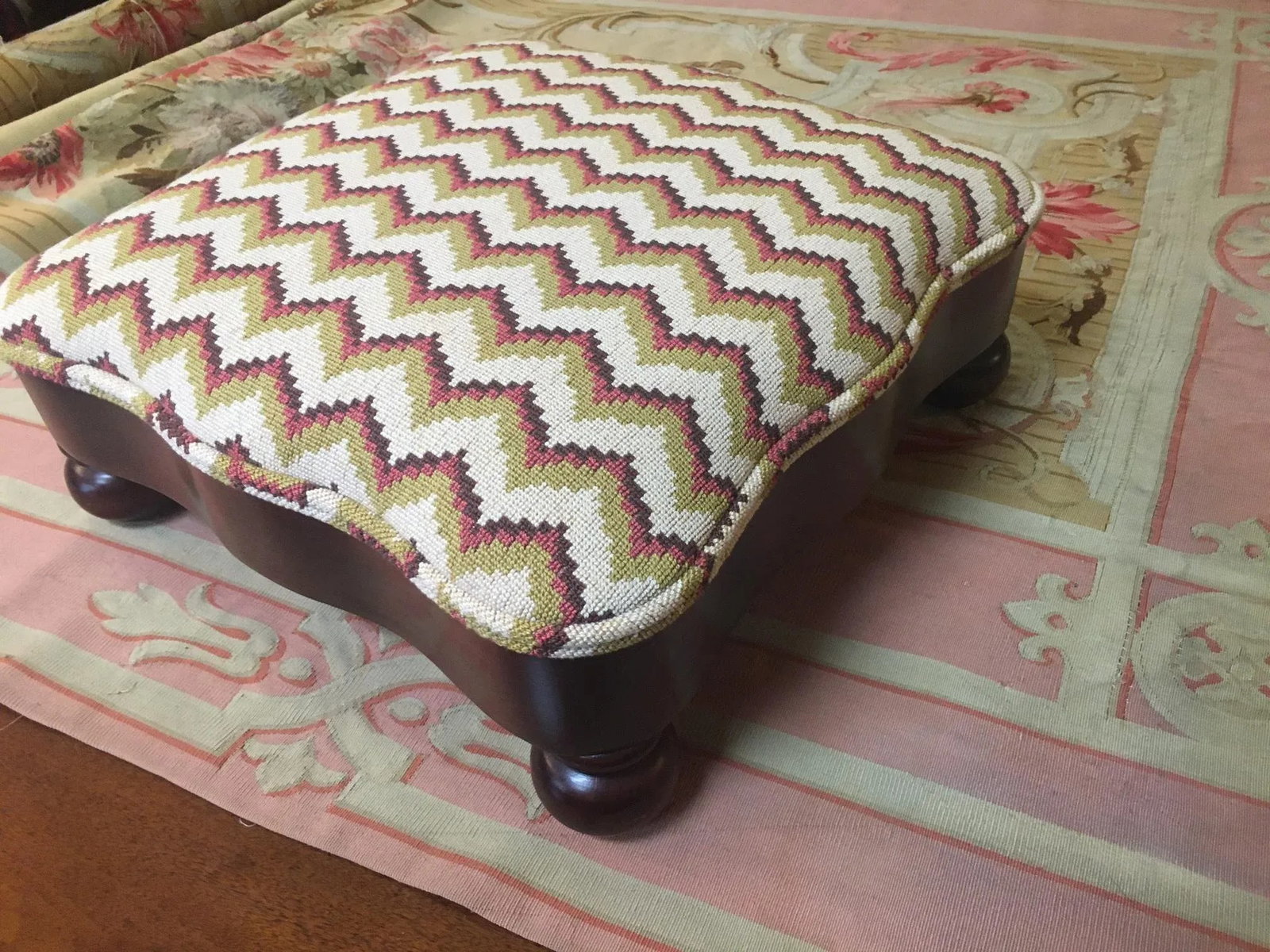 Regency Mahogany Serpentine Footstool W/ Chevron Pattern Needlepoint Upholstery - 9
