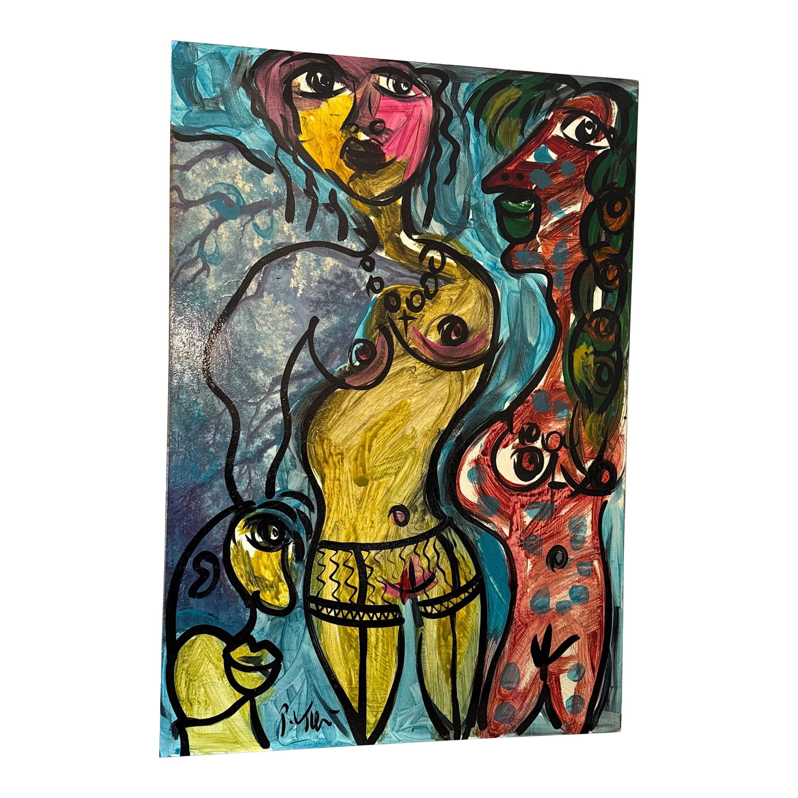 1970s Vintage Abstract Portraiture, Painting by Peter Robert Keil: Peter Keil is a German artist that focuses primarily on abstract expressionism. Keil painted with some of the greats including Joan Miro, Pablo Picasso and Andy Warhol, to name a few. This is
