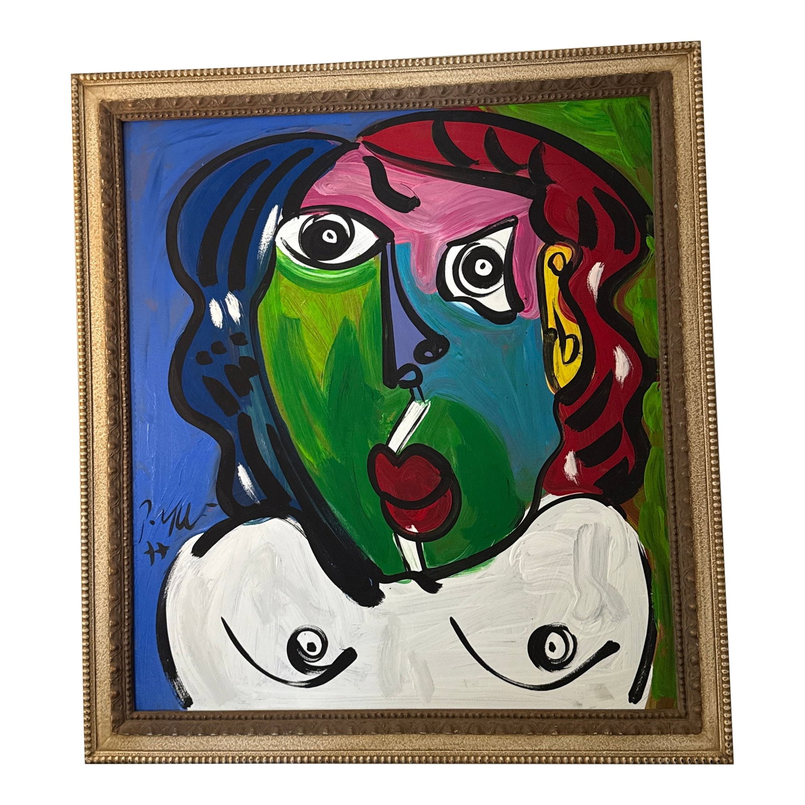 1970s Vintage Abstract Portraiture, Painting by Peter Robert Keil, Framed: Peter Keil is a German artist that focuses primarily on abstract expressionism. Keil painted with some of the greats including Joan Miro, Pablo Picasso and Andy Warhol, to name a few. This is