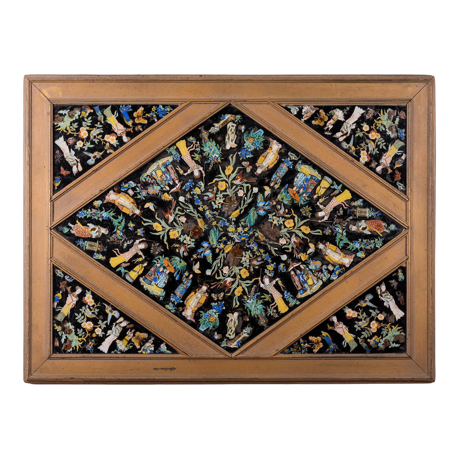 Chinoiserie Eglomise Glass Panel, 19th Century: A chinoiserie eglomise and decoupage five part glass panel in gilt frame, English, 19th century. 40 inches wide by 30 inches tall Condition: Alterations: Original Condition Unaltered Imperfections: