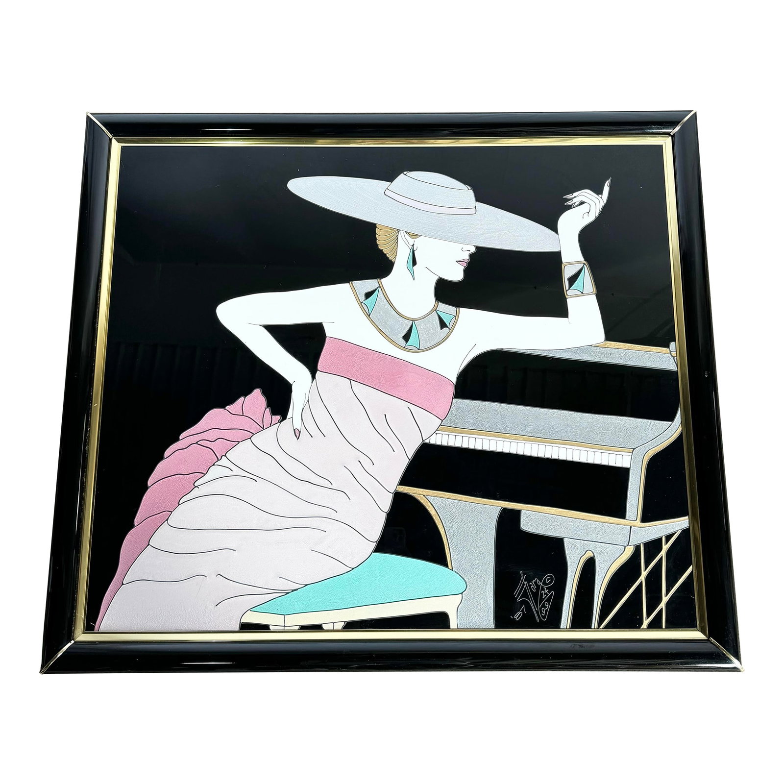 Art Deco Painting on Acrylic of Woman in Pink Dress by Fara Zareey: A glamorous 1980s Art Deco revival painting by Fara Zareey, featuring a poised woman in a pale pink gown and wide-brim hat seated beside a grand piano. Painted on sleek black acrylic and accented