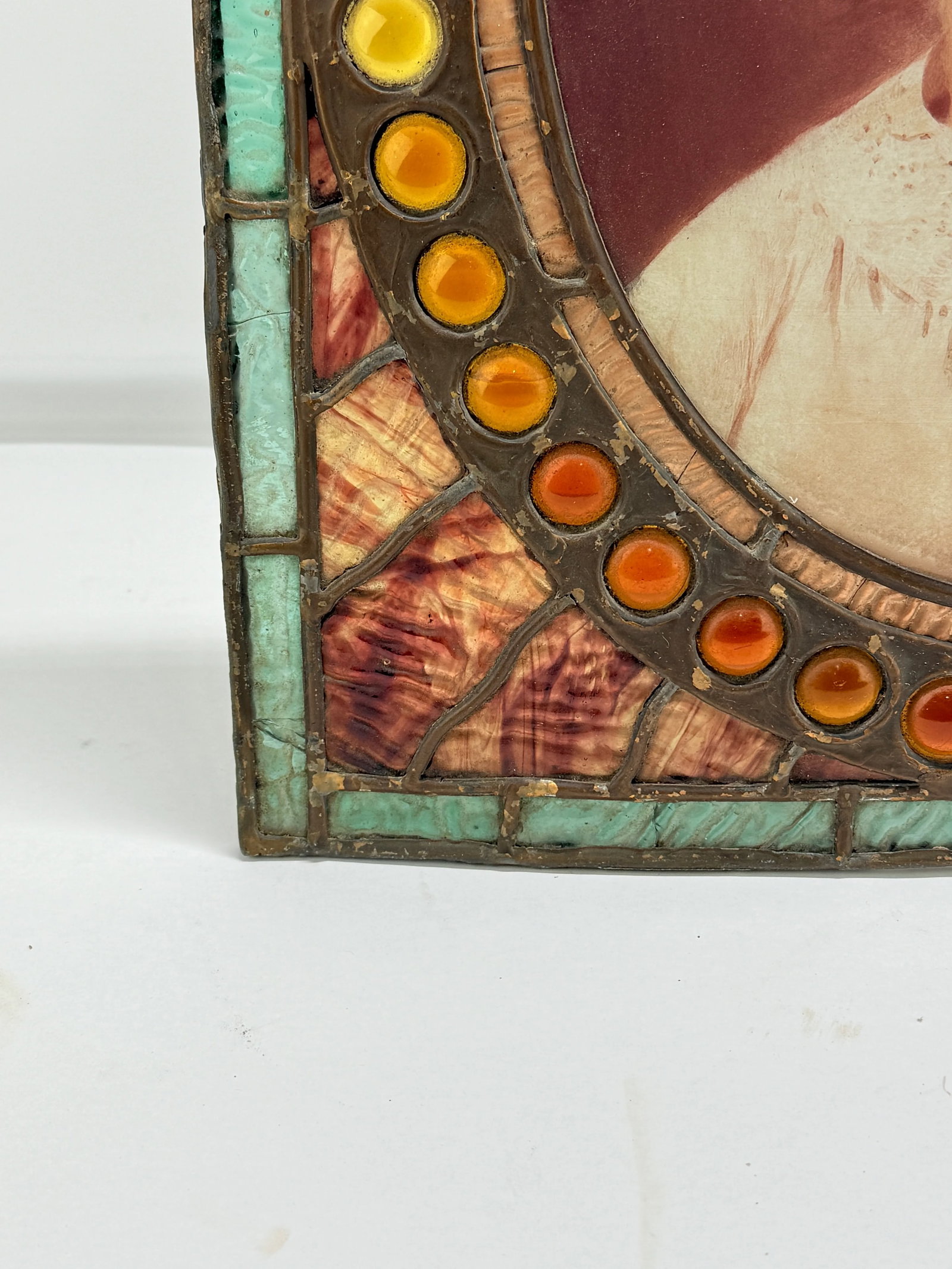 Antique American Leaded & Jeweled Glass Window of a Young Child C. 1900 - 10