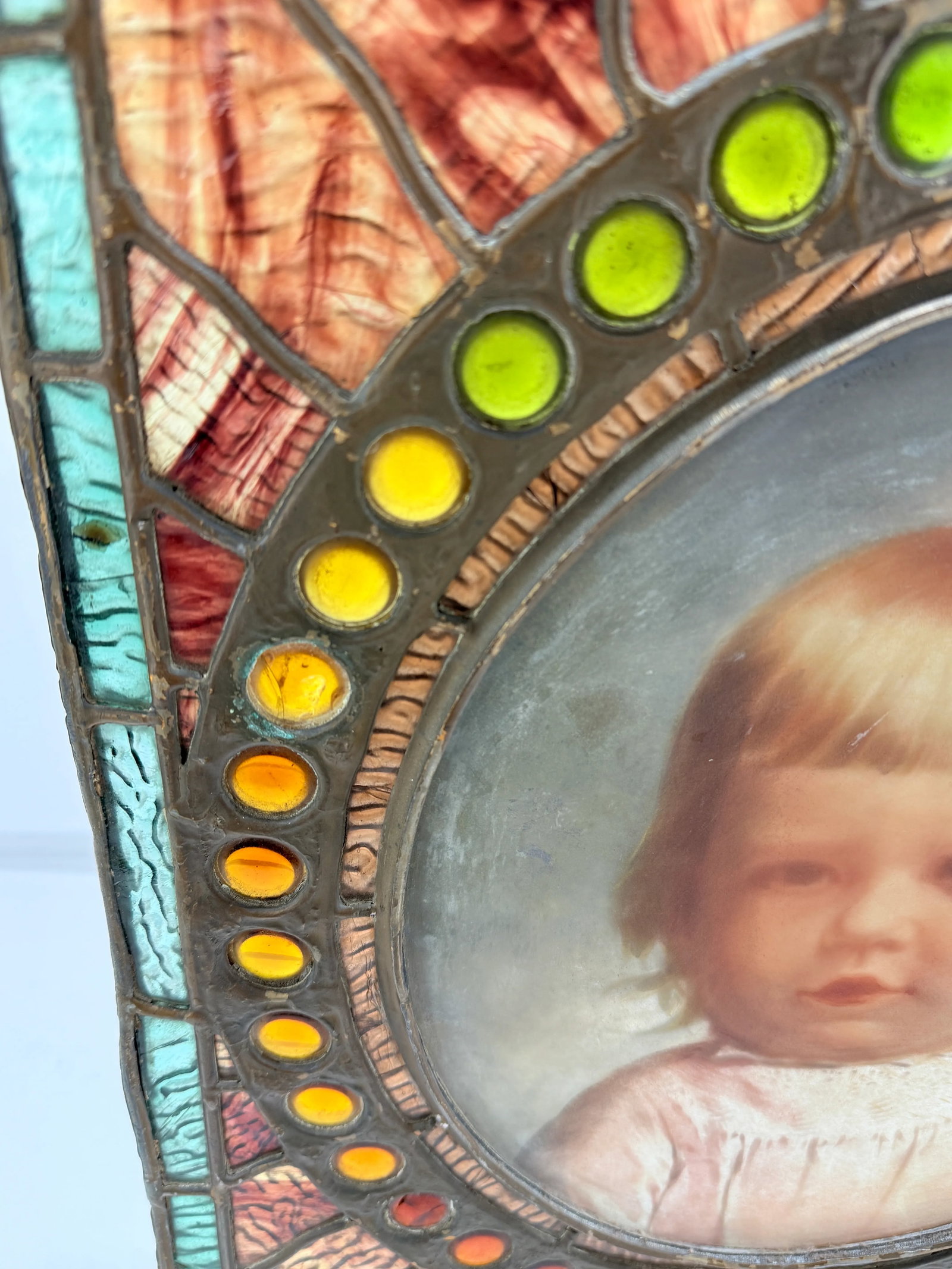 Antique American Leaded & Jeweled Glass Window of a Young Child C. 1900 - 11