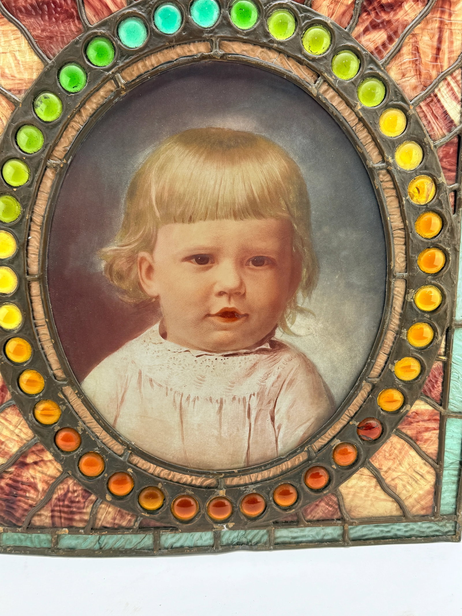 Antique American Leaded & Jeweled Glass Window of a Young Child C. 1900 - 12