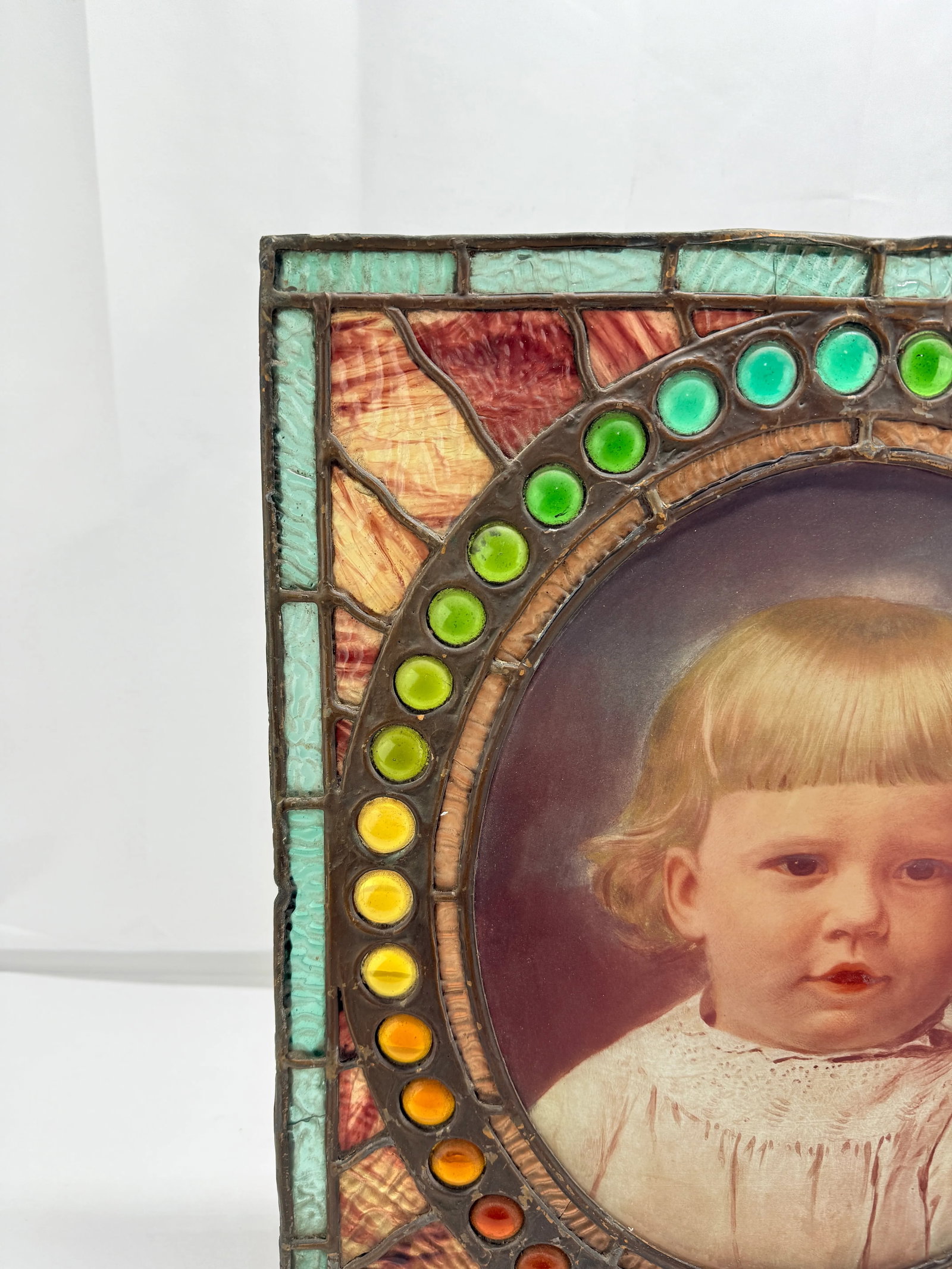 Antique American Leaded & Jeweled Glass Window of a Young Child C. 1900 - 2