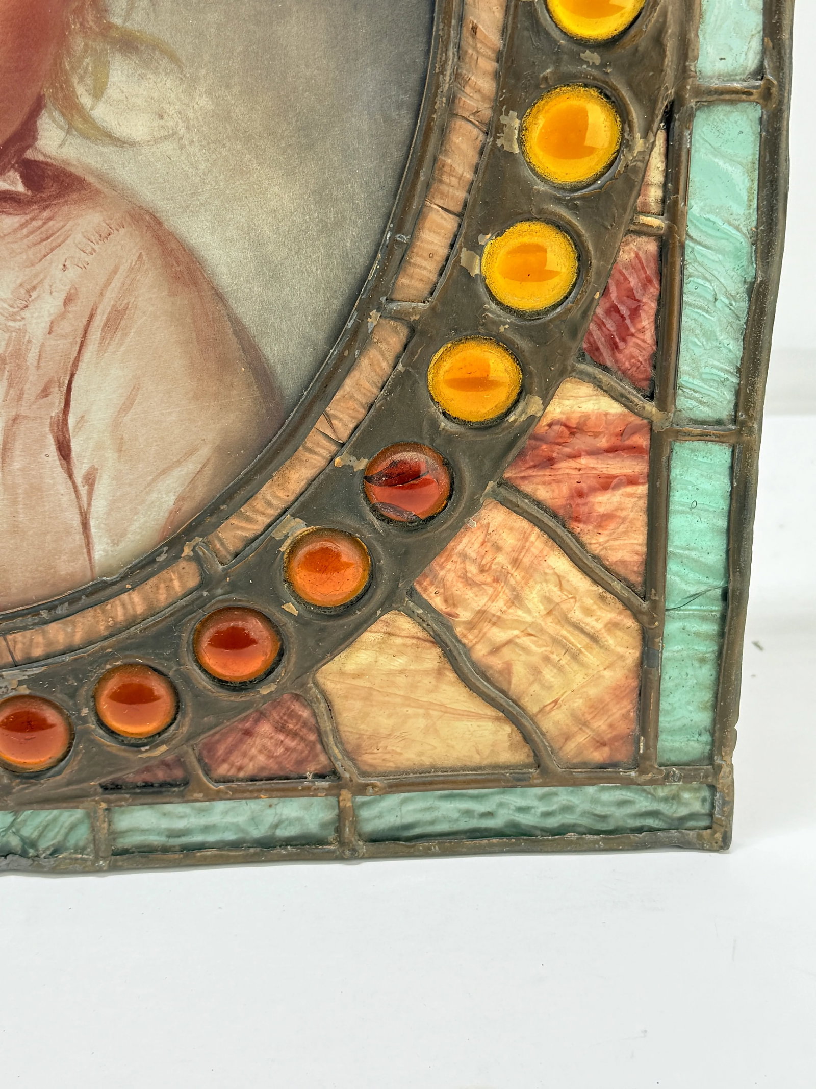 Antique American Leaded & Jeweled Glass Window of a Young Child C. 1900 - 3