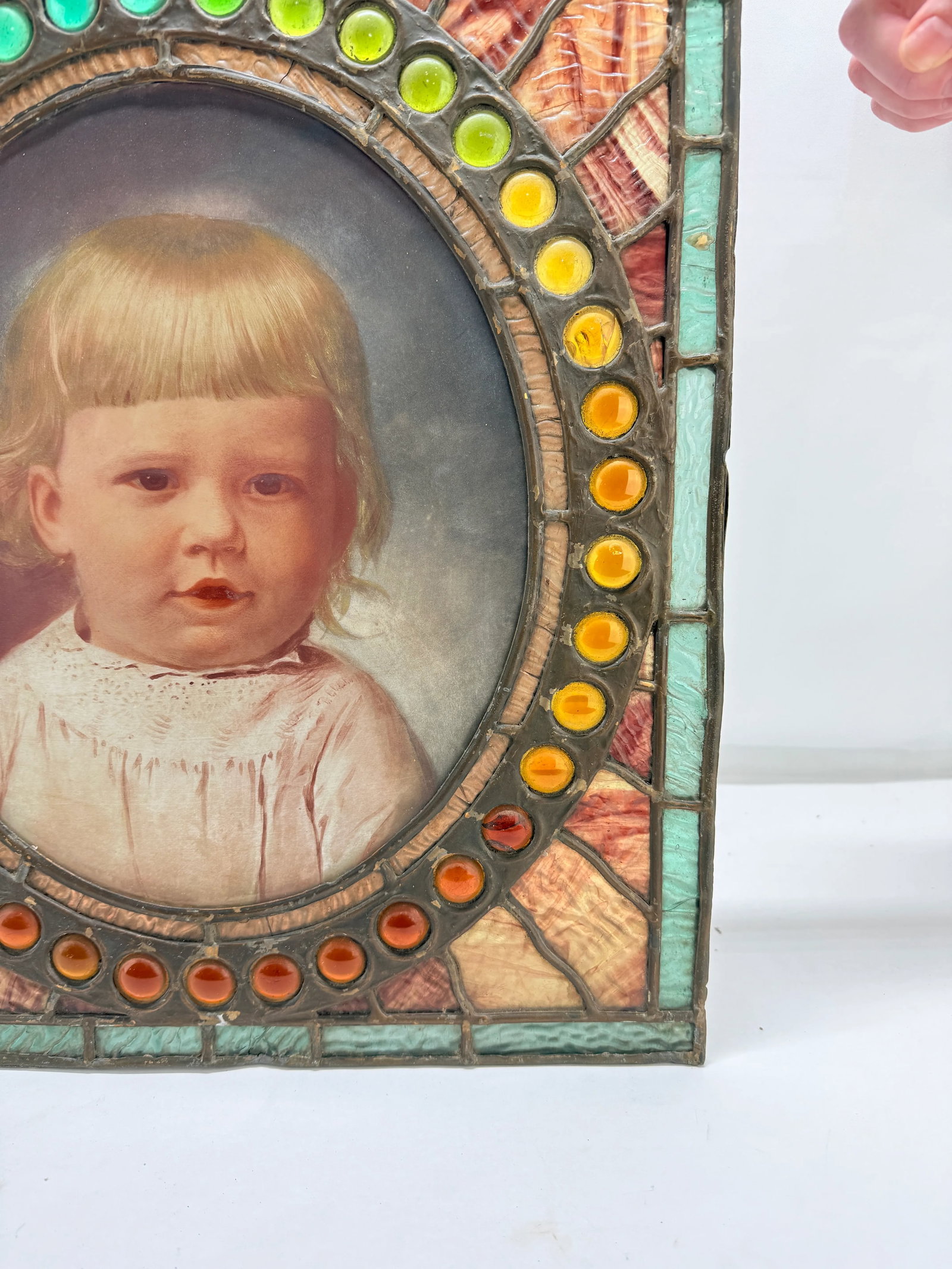 Antique American Leaded & Jeweled Glass Window of a Young Child C. 1900 - 4