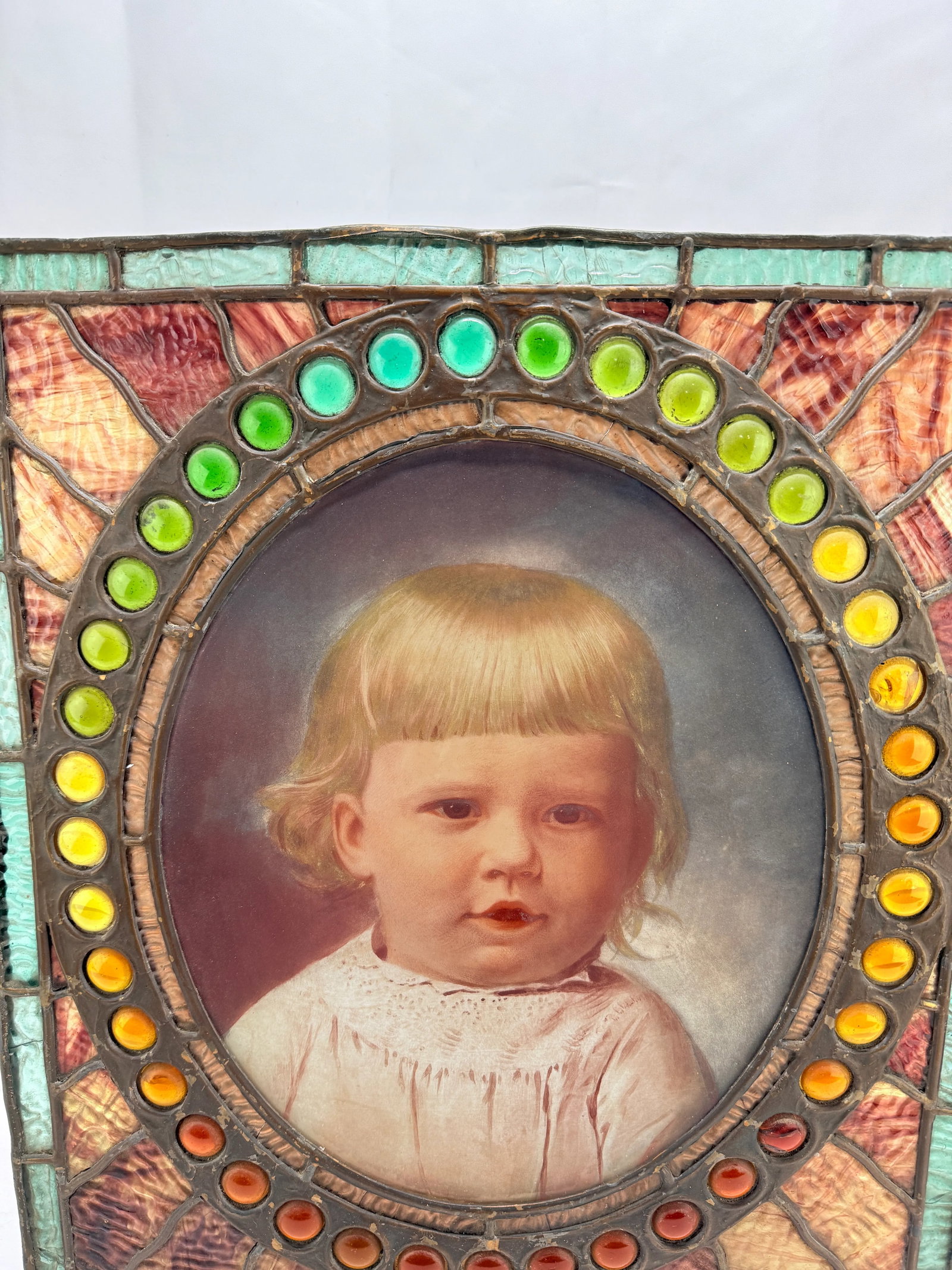 Antique American Leaded & Jeweled Glass Window of a Young Child C. 1900 - 5