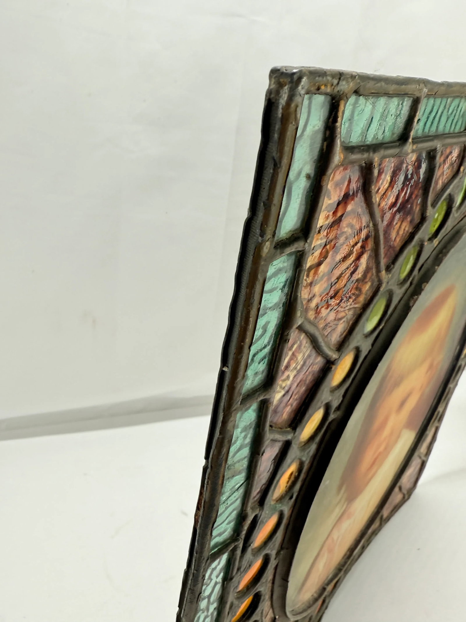 Antique American Leaded & Jeweled Glass Window of a Young Child C. 1900 - 6