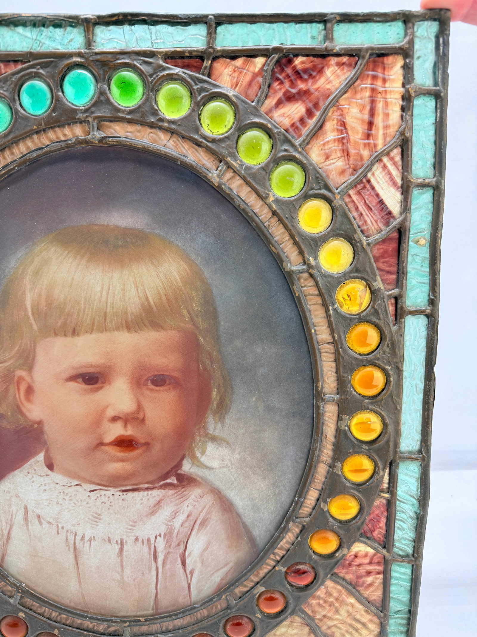 Antique American Leaded & Jeweled Glass Window of a Young Child C. 1900 - 7