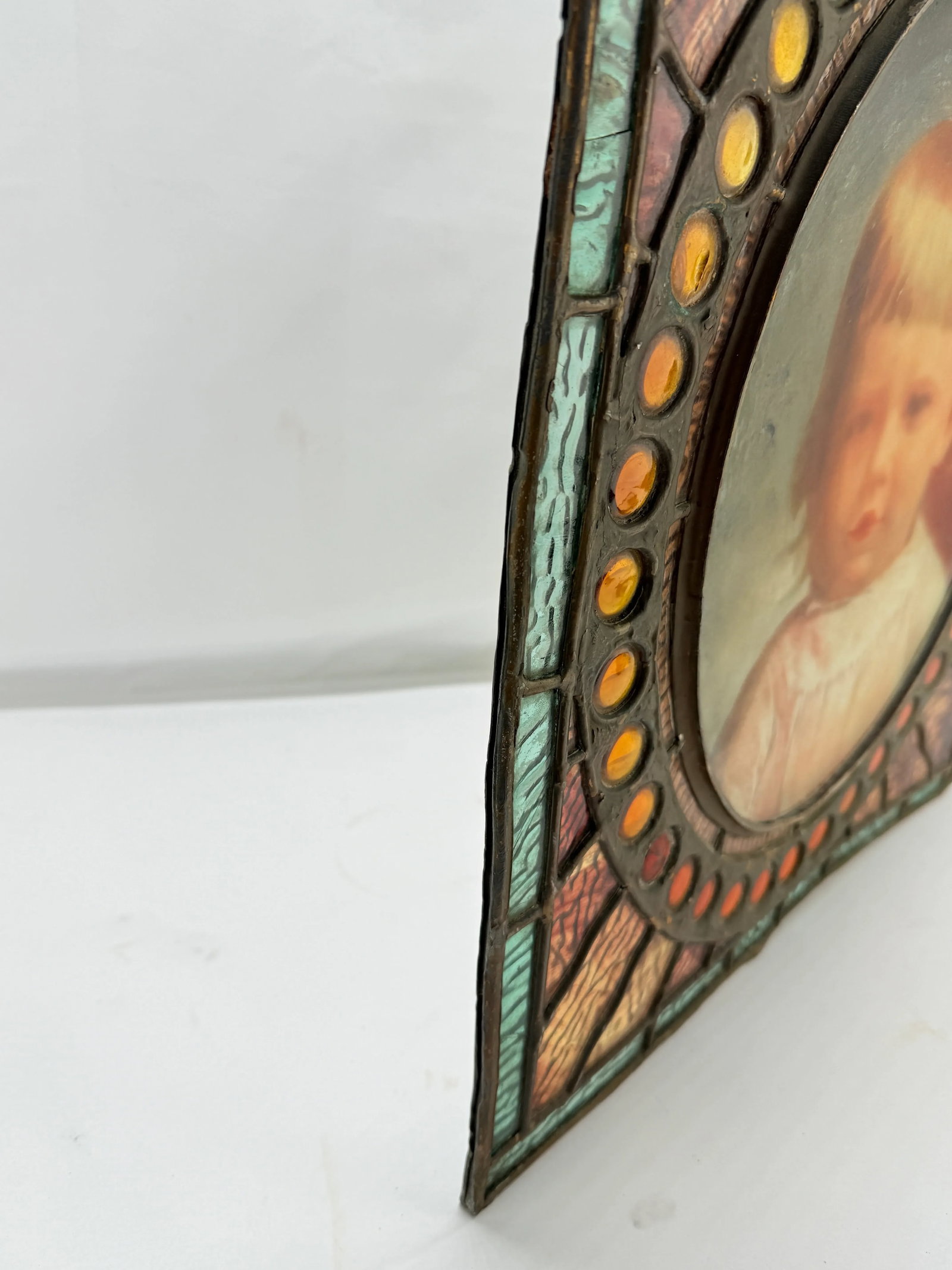 Antique American Leaded & Jeweled Glass Window of a Young Child C. 1900 - 8