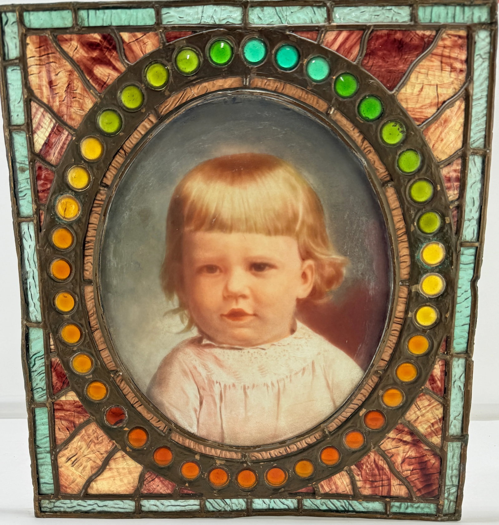 Antique American Leaded & Jeweled Glass Window of a Young Child C. 1900 - 9