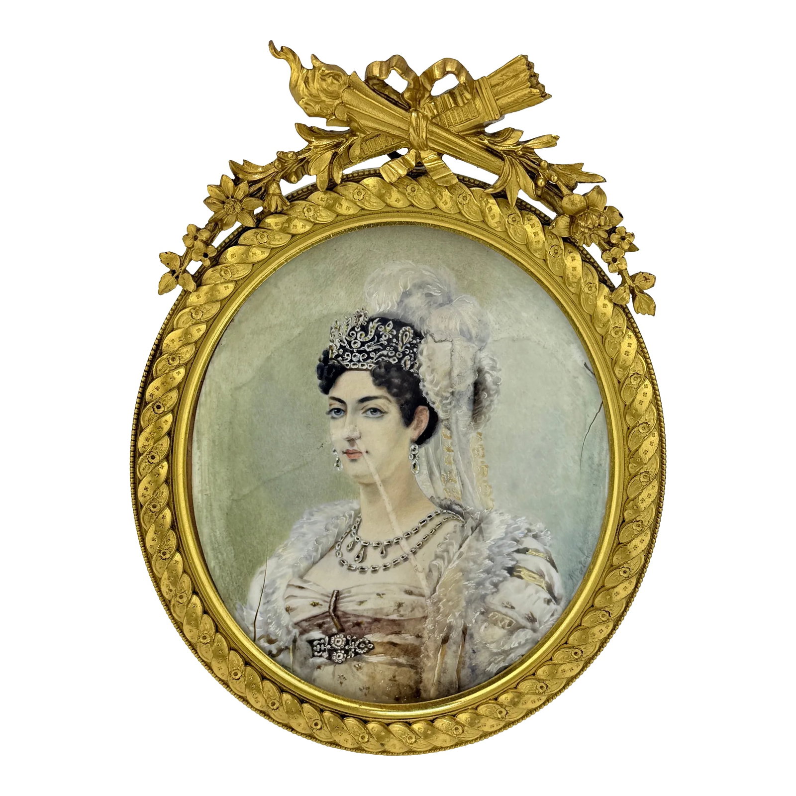 Exceptional 19th Century French Bronze Frame W/ Portrait Painting of Josephine: This exquisite miniature portrait is attributed to Empress Josephine, capturing her regal presence with remarkable detail and sophistication. She is dressed in a sumptuous white gown adorned with fur