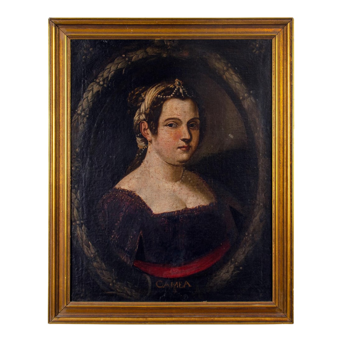The Samian Sibyl, Italian School, C.1700: A portrait of The Samian (Camea) Sibyl, Italian school oil on canvas, circa 1700. sight: 19 1/2 by 25 1/2 inches frame: 23 3/4 by 29 3/4 inches Condition: Alterations: Restored Imperfections: Some