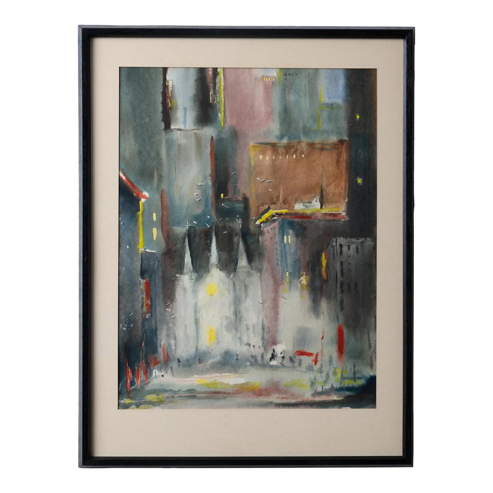 Thompson Church Cityscape Watercolor: Thompson A watercolor painting on paper depicting a church among a cityscape of skyscrapers, mid-20th century. Signed under mat, Thompson. sight: 14 1/2 by 19 1/4 inches frame: 19 by 25 inches