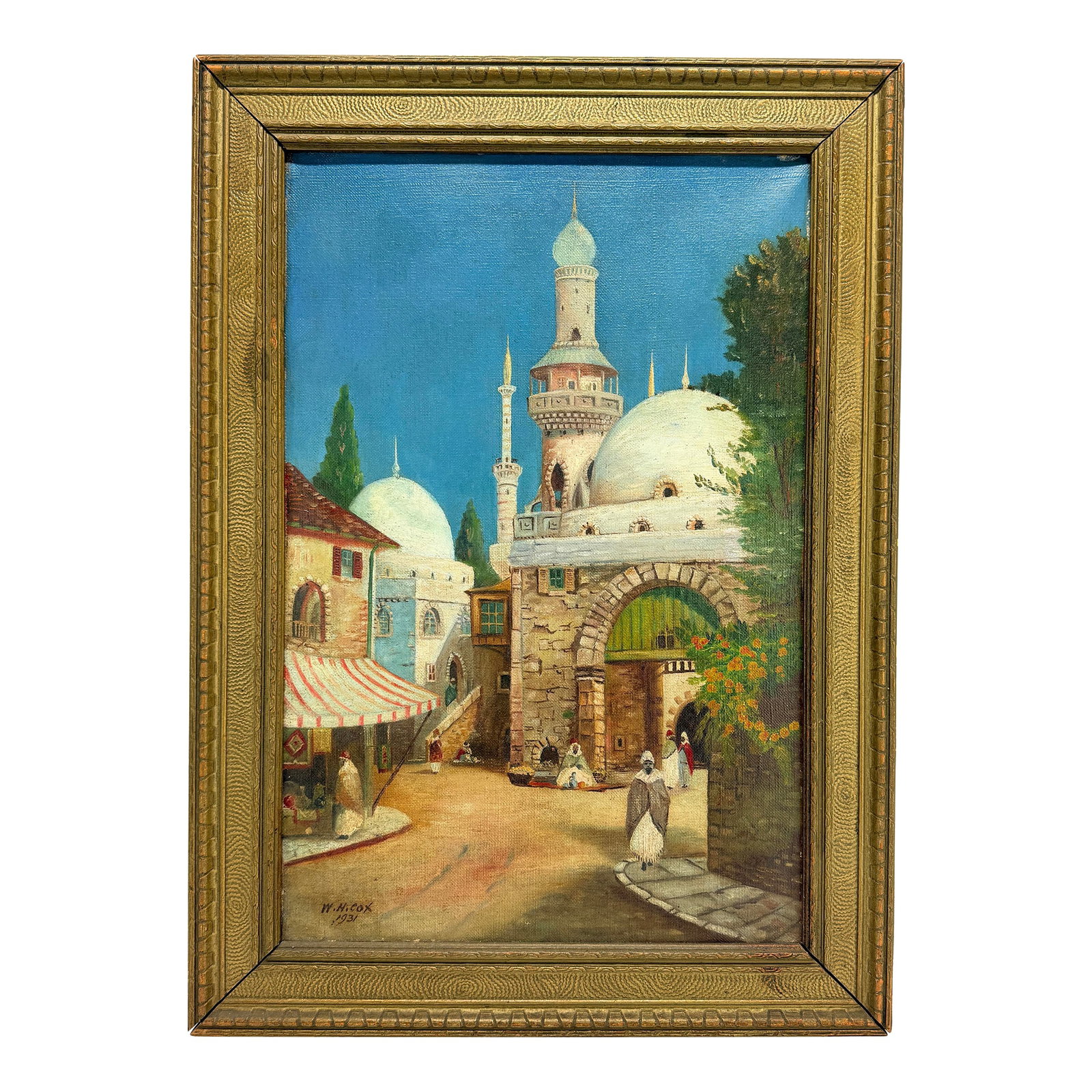 William Cox "Arab Scene" Landscape Oil on Canvas C. 1931: This evocative oil on canvas, signed and dated "W. H. Cox 1931," is the work of William Cox, an American artist whose paintings capture the romanticized grandeur of architectural and cultural