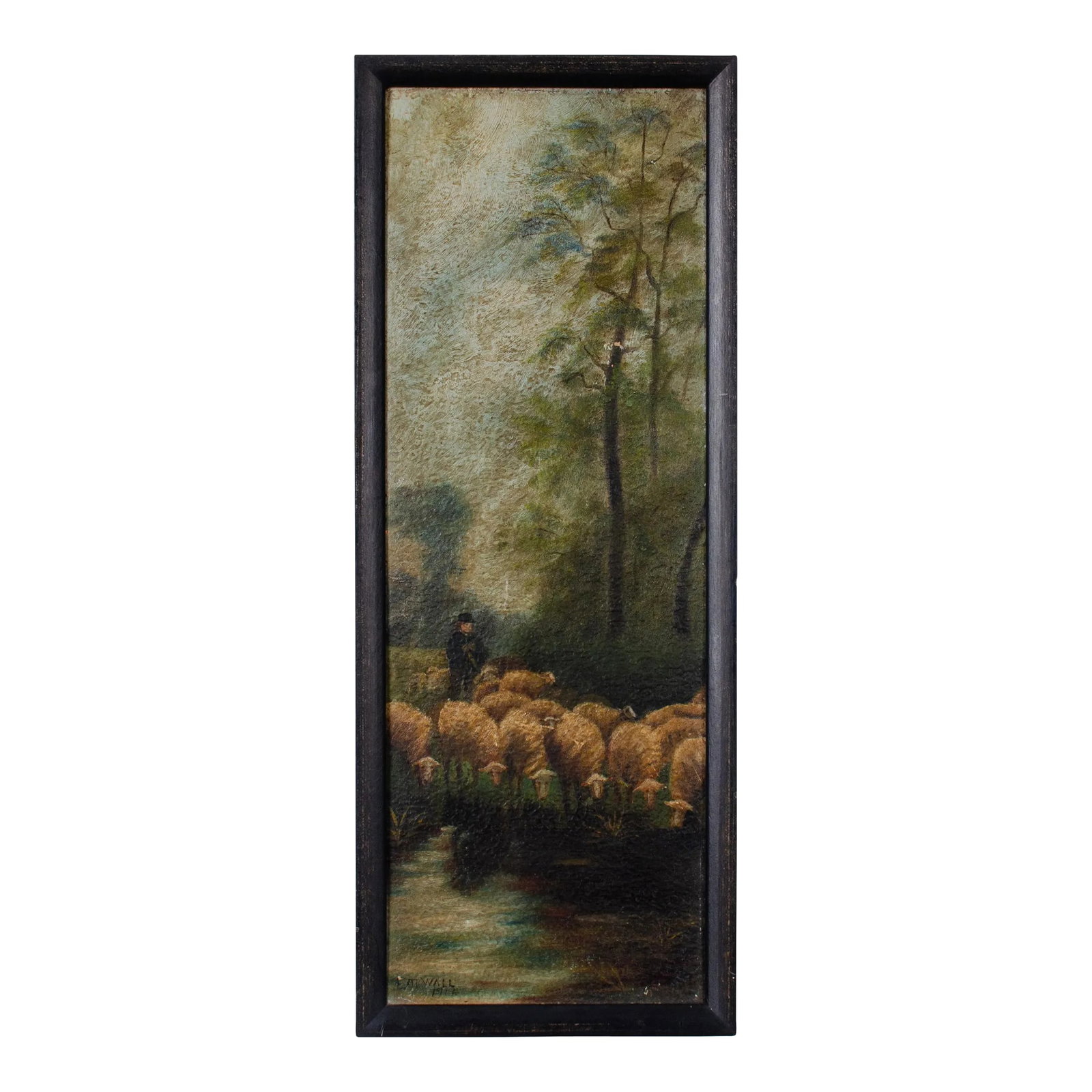 Shepherd and Flock Painting, 1917: A pastoral landscape on board depicting a shepherd and his flock signed E.M. Wall, 1917. 10 by 25 1/2 inches Condition: Alterations: Original Condition Unaltered Imperfections: Some Imperfections
