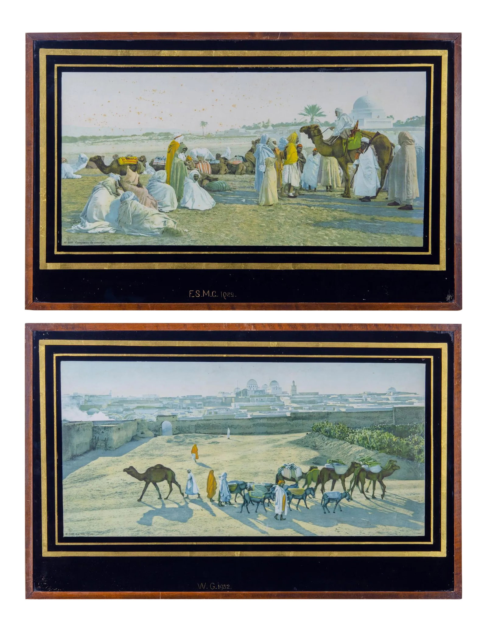 Lehnert & Landrock Heliogravures in Eglomise Frames - a Pair: A pair of Lehnert & Landrock orientalist heliogravures under eglomise glass, c.1910. sight: 23 by 11 inches frame: 27 3/4 by 17 3/4 inches Condition: Alterations: Original Condition Unaltered