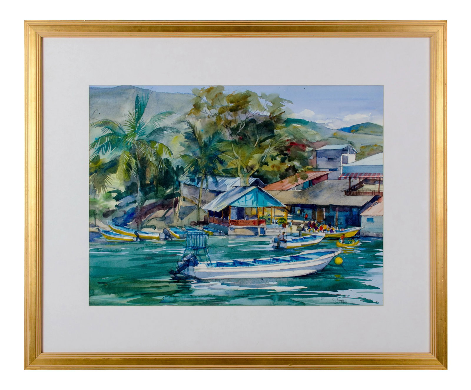 Bill Suttles "Boat to Chicoasen" Coastal Chiapas, Mexico Watercolor: Offered is a tropical dockside waterscape by the Georgia-based artist Bill Suttles. The painting is entitled "Boat to Chicoasen" and features docked boats and a group of people disembarking,
