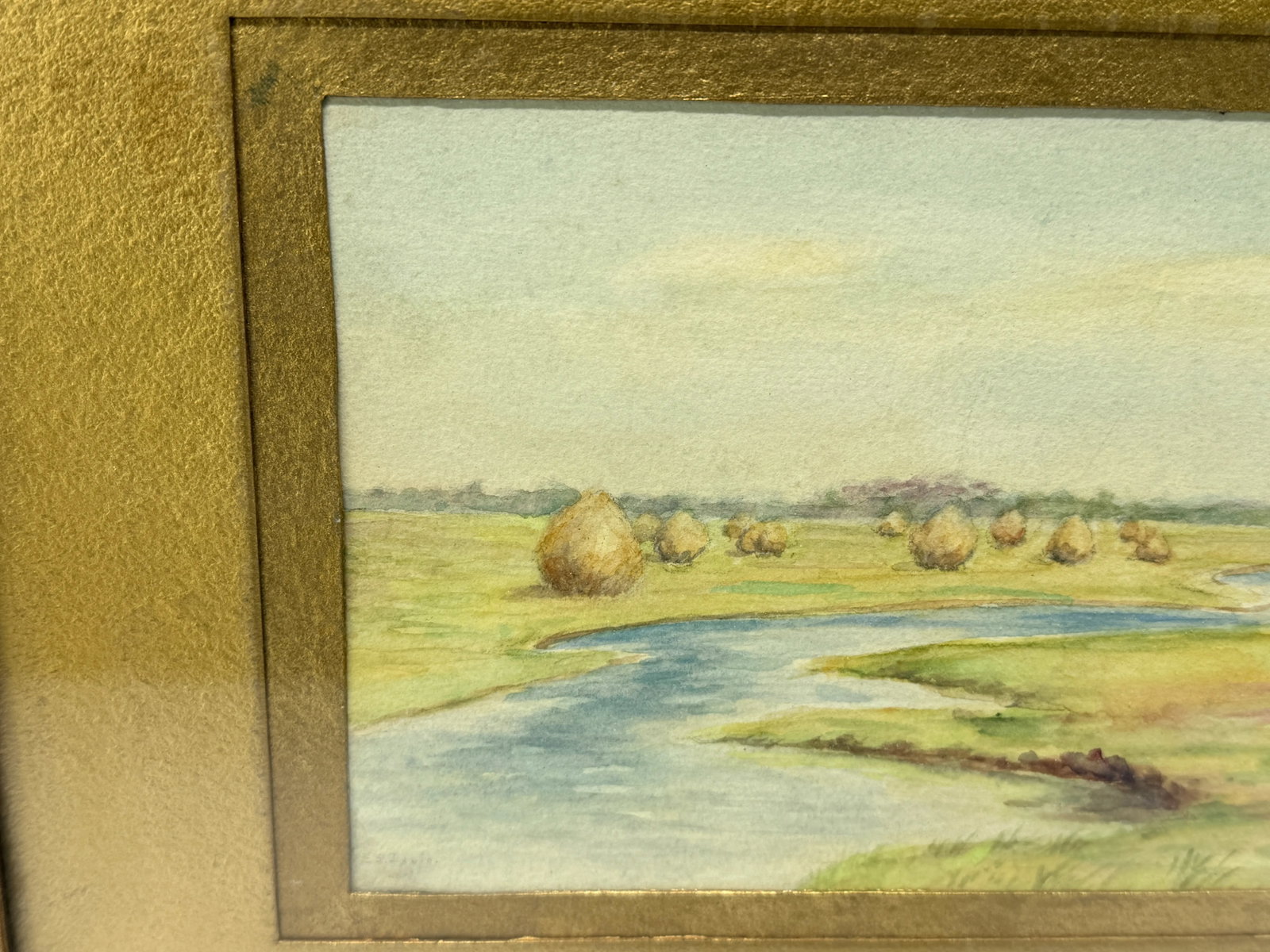 Antique American School Hayfield by the River Watercolor - Signed - 2
