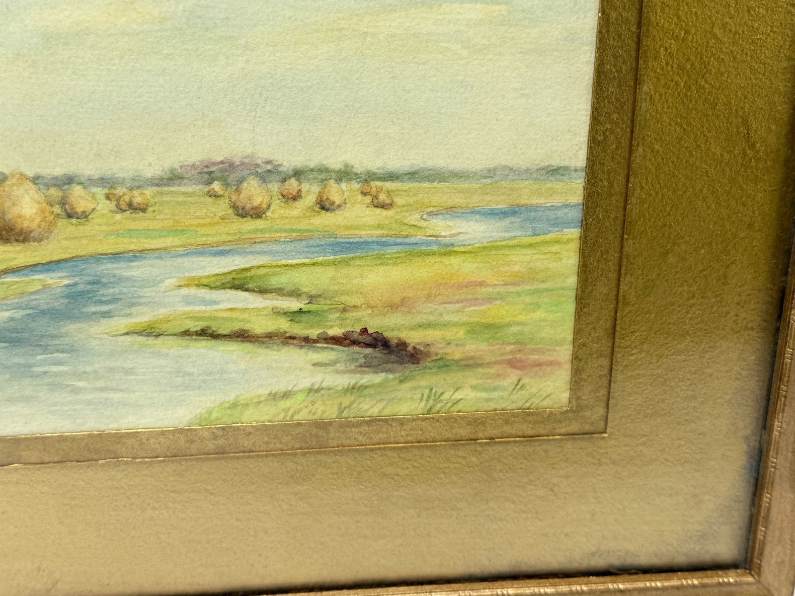Antique American School Hayfield by the River Watercolor - Signed - 3