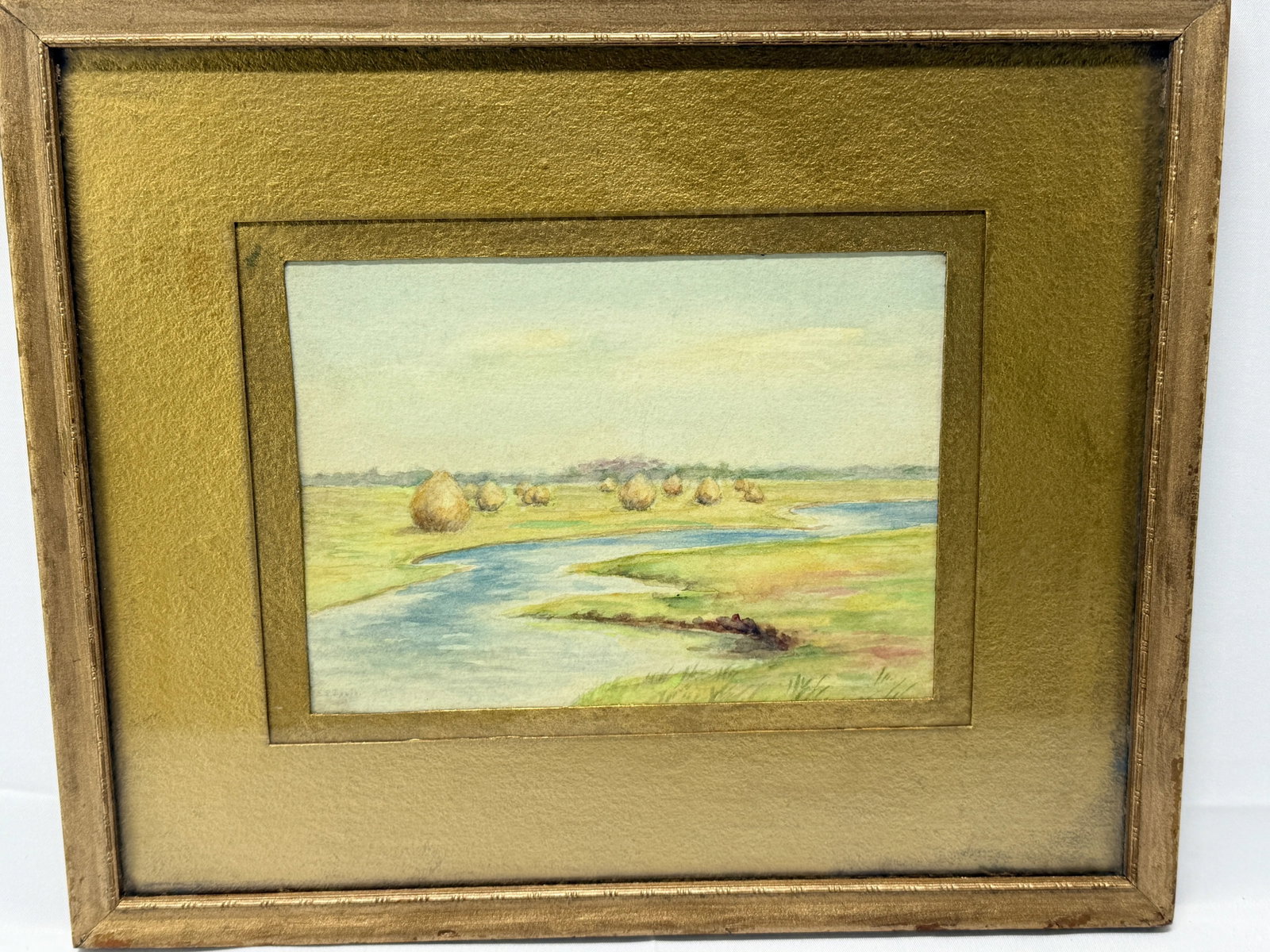 Antique American School Hayfield by the River Watercolor - Signed - 5