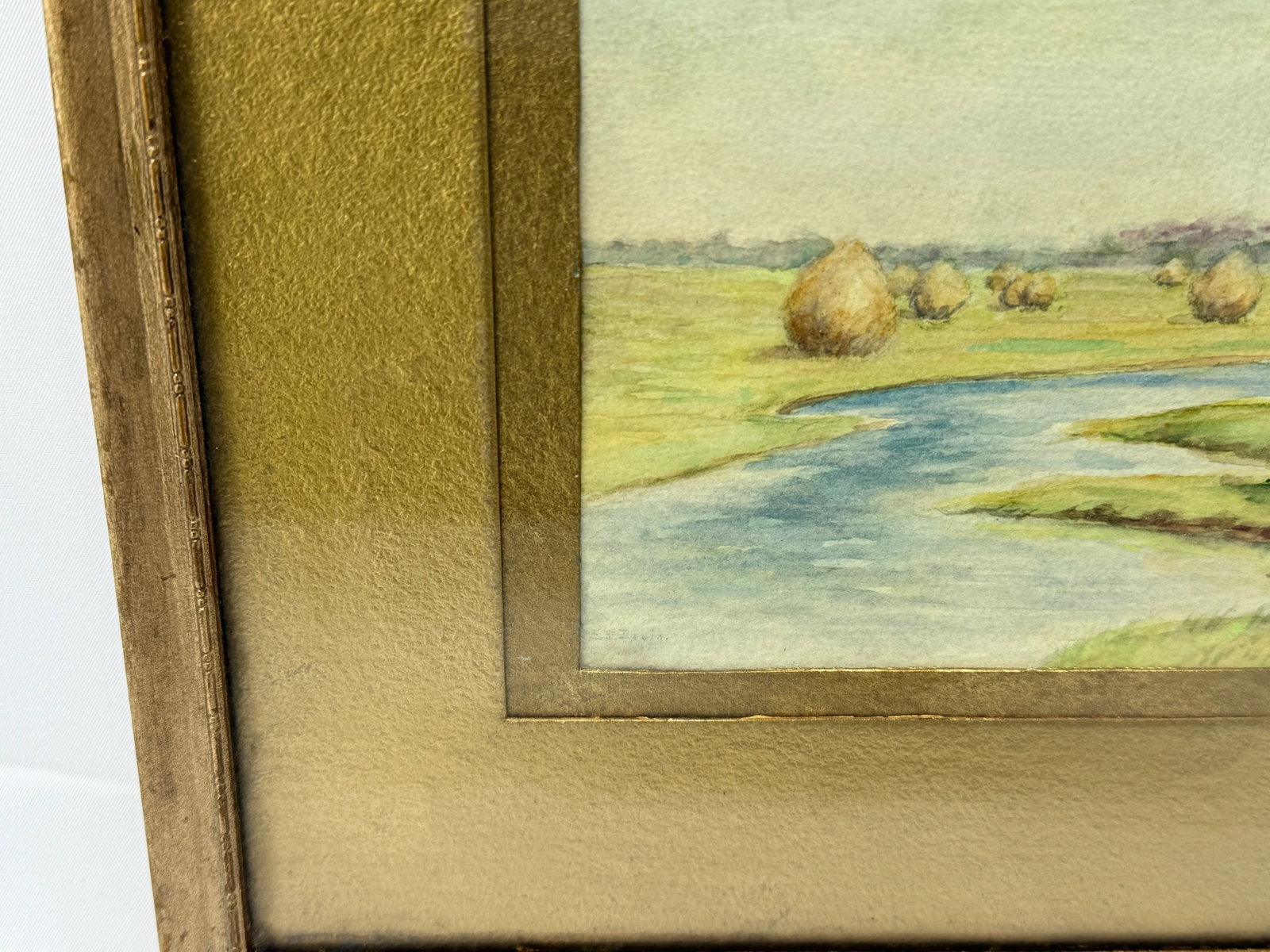 Antique American School Hayfield by the River Watercolor - Signed - 6