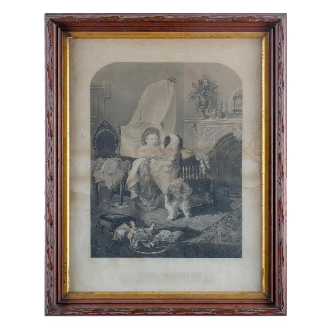 1869 Good Morning, Engraving, Stinson & Co, Portland, Maine: Engraving published by Stinson & Co. , Portland, Maine, 1869, entitled "Good Morning". Behold the radiant smile of love The darling's face adorning As nimble Fido gaily bounds To bid my pet Good