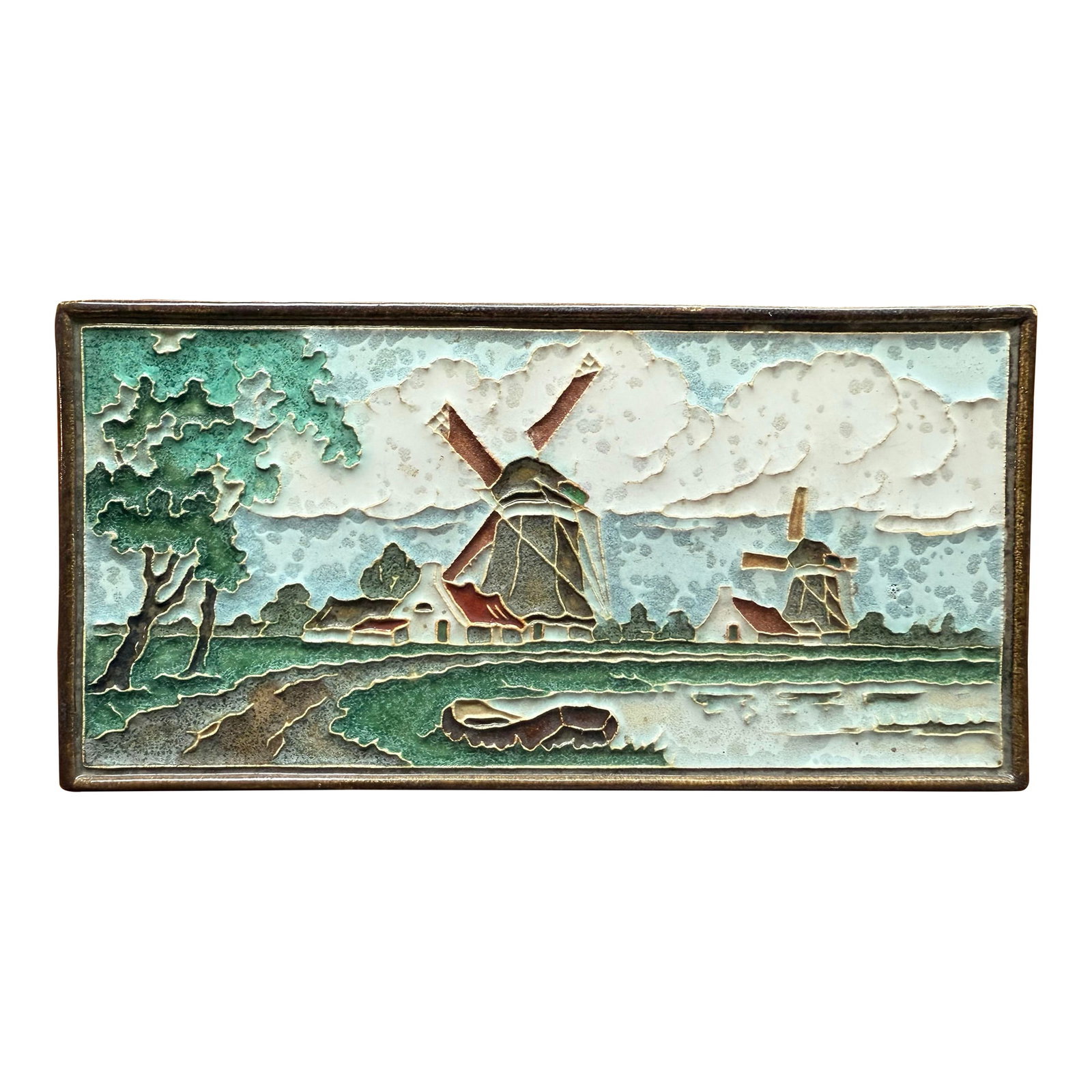 Vintage Royal Delft Dutch Polychrome Cloisonne Tile of Windmill Landscape: A beautiful Delft Dutch polychrome cloisonne tile of a windmill landscape. Made in the Netherlands in the 1920s by the Delft pottery factory. Hand painted in unique greens, blues and rust colors. Make