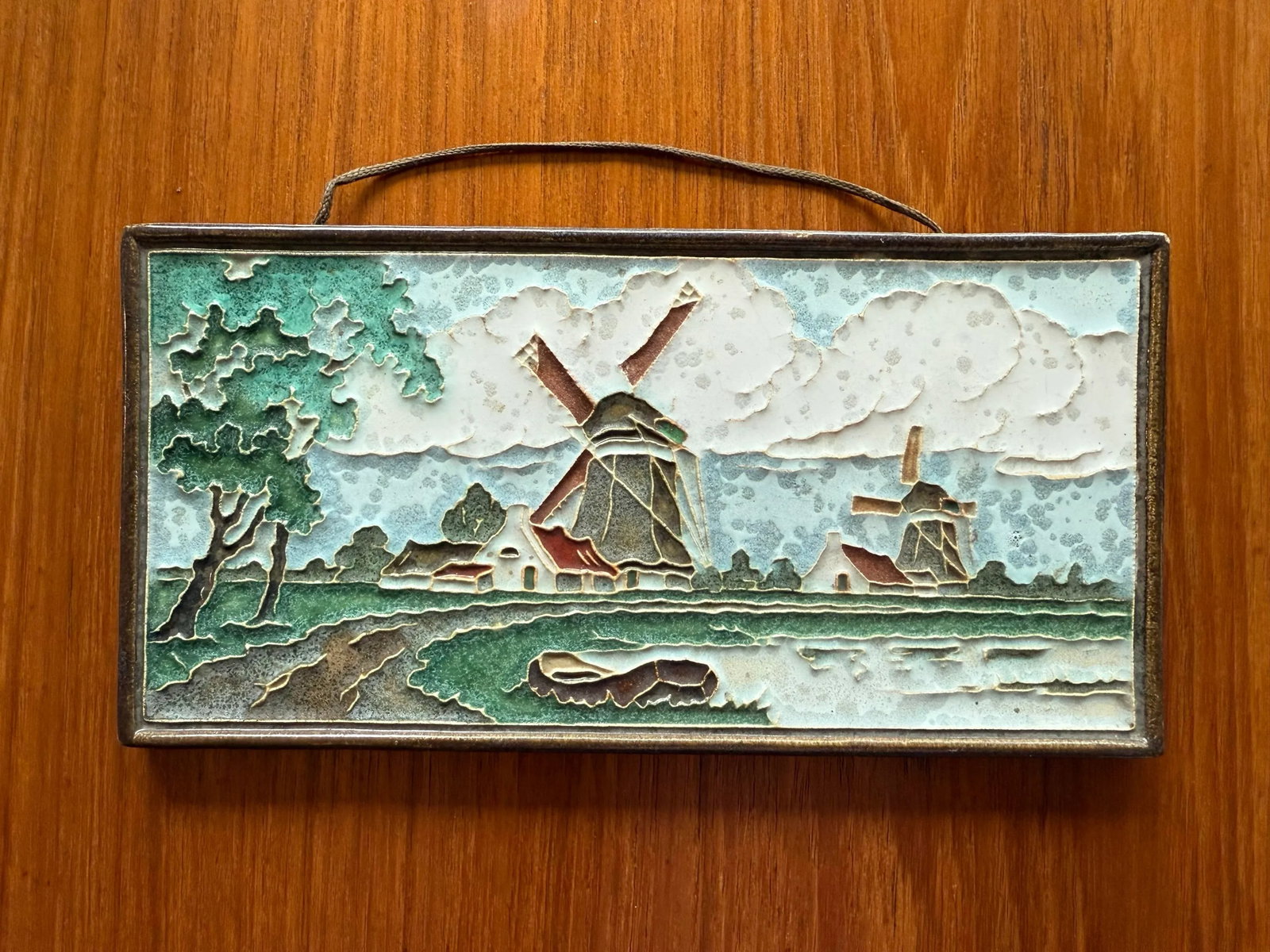 Vintage Royal Delft Dutch Polychrome Cloisonne Tile of Windmill Landscape - 2