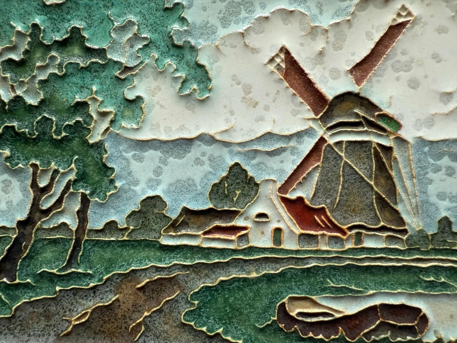 Vintage Royal Delft Dutch Polychrome Cloisonne Tile of Windmill Landscape - 3