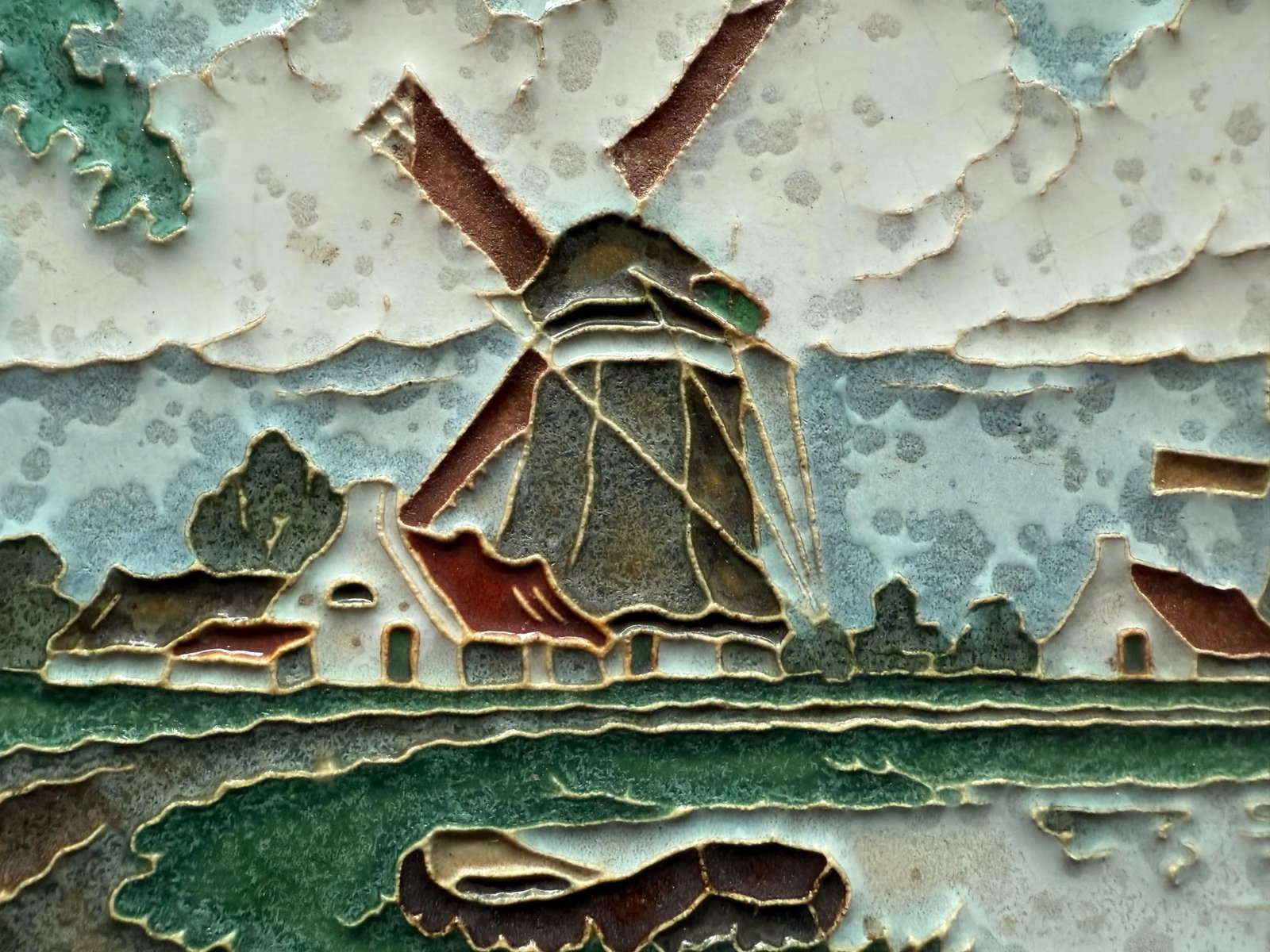 Vintage Royal Delft Dutch Polychrome Cloisonne Tile of Windmill Landscape - 4