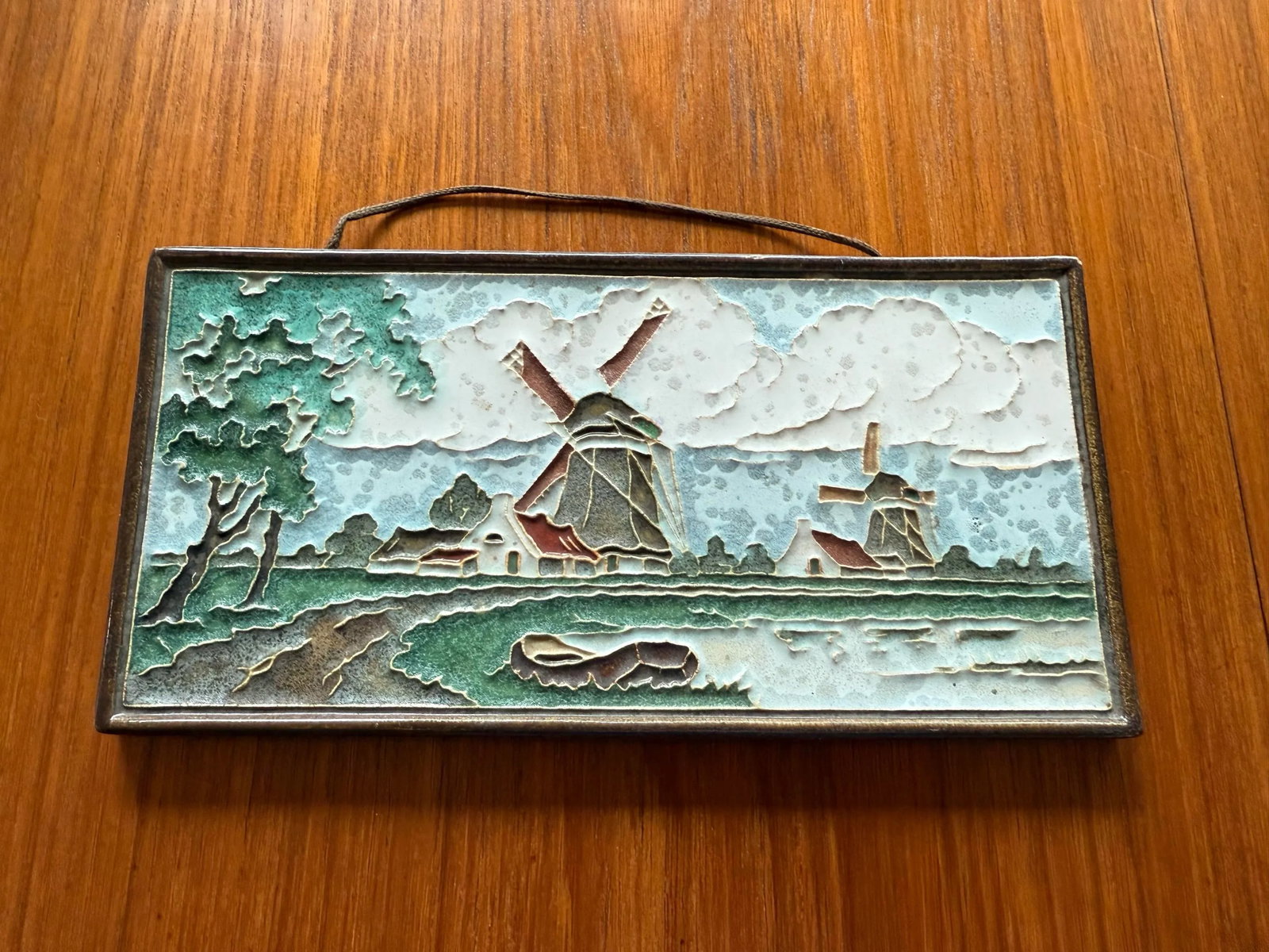Vintage Royal Delft Dutch Polychrome Cloisonne Tile of Windmill Landscape - 6
