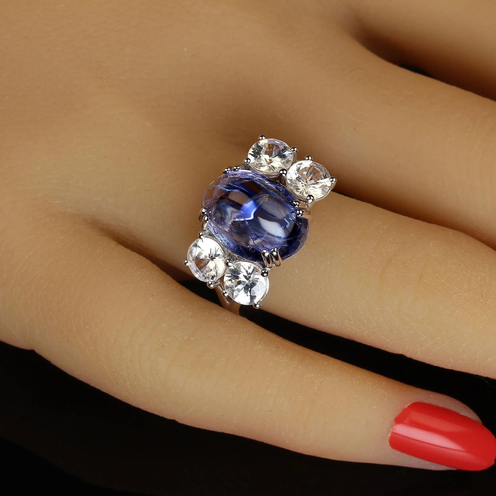Dinner Ring of Cabochon Tanzanite and Sparkling Genuine Zircons Size 6.75 - 2