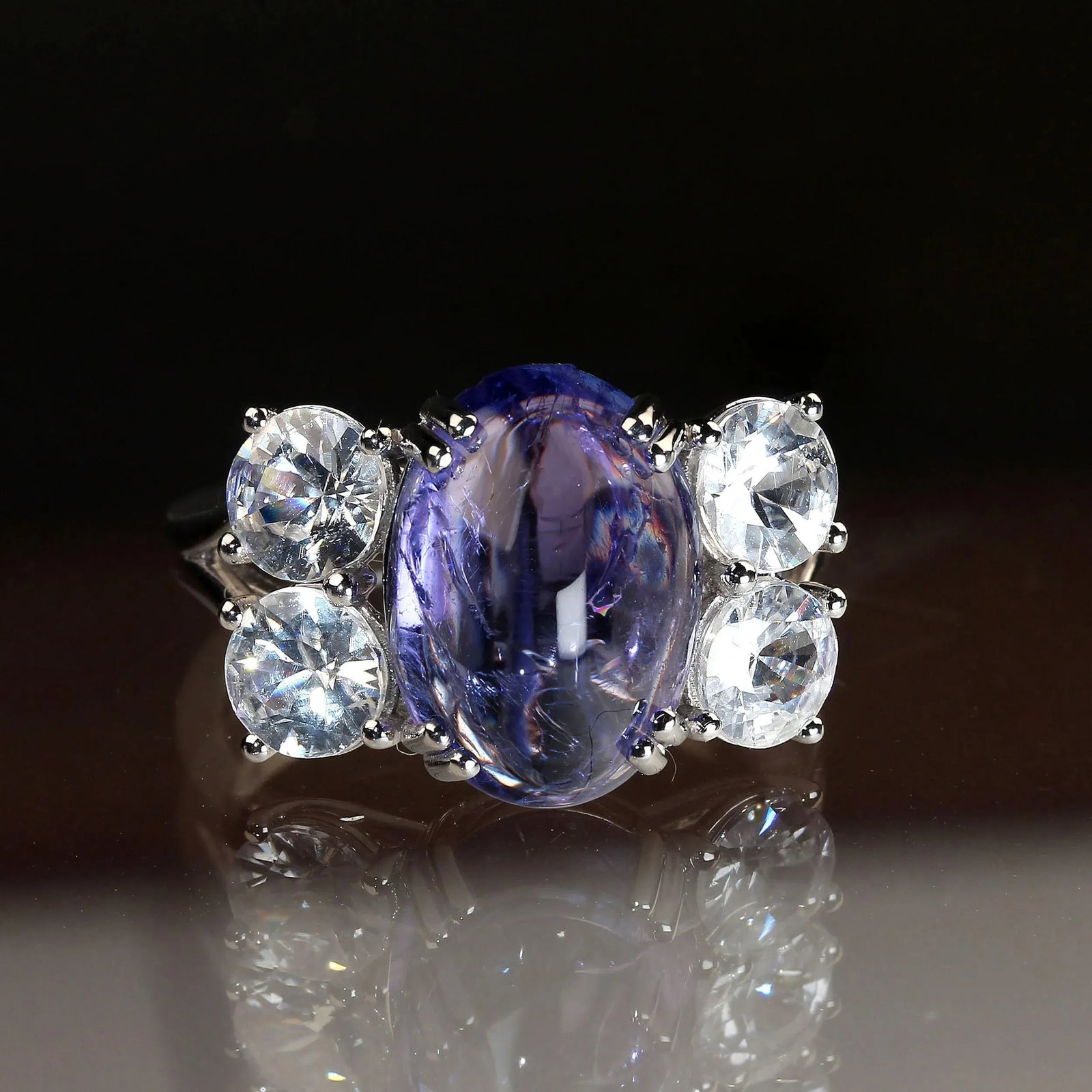 Dinner Ring of Cabochon Tanzanite and Sparkling Genuine Zircons Size 6.75 - 3