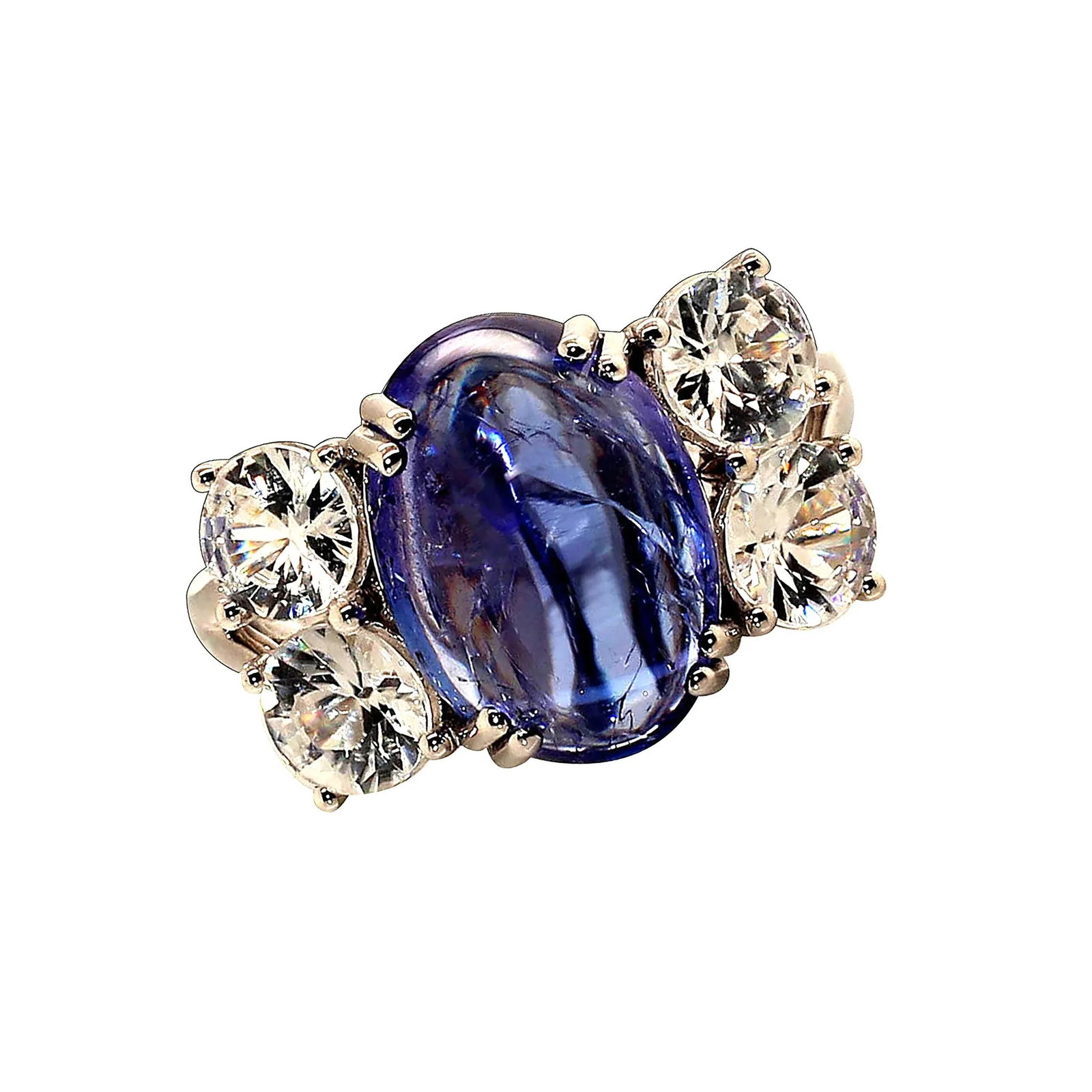 Dinner Ring of Cabochon Tanzanite and Sparkling Genuine Zircons Size 6.75 - 4