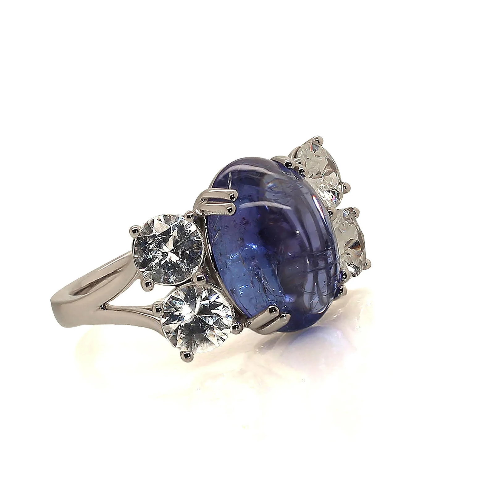 Dinner Ring of Cabochon Tanzanite and Sparkling Genuine Zircons Size 6.75 - 5