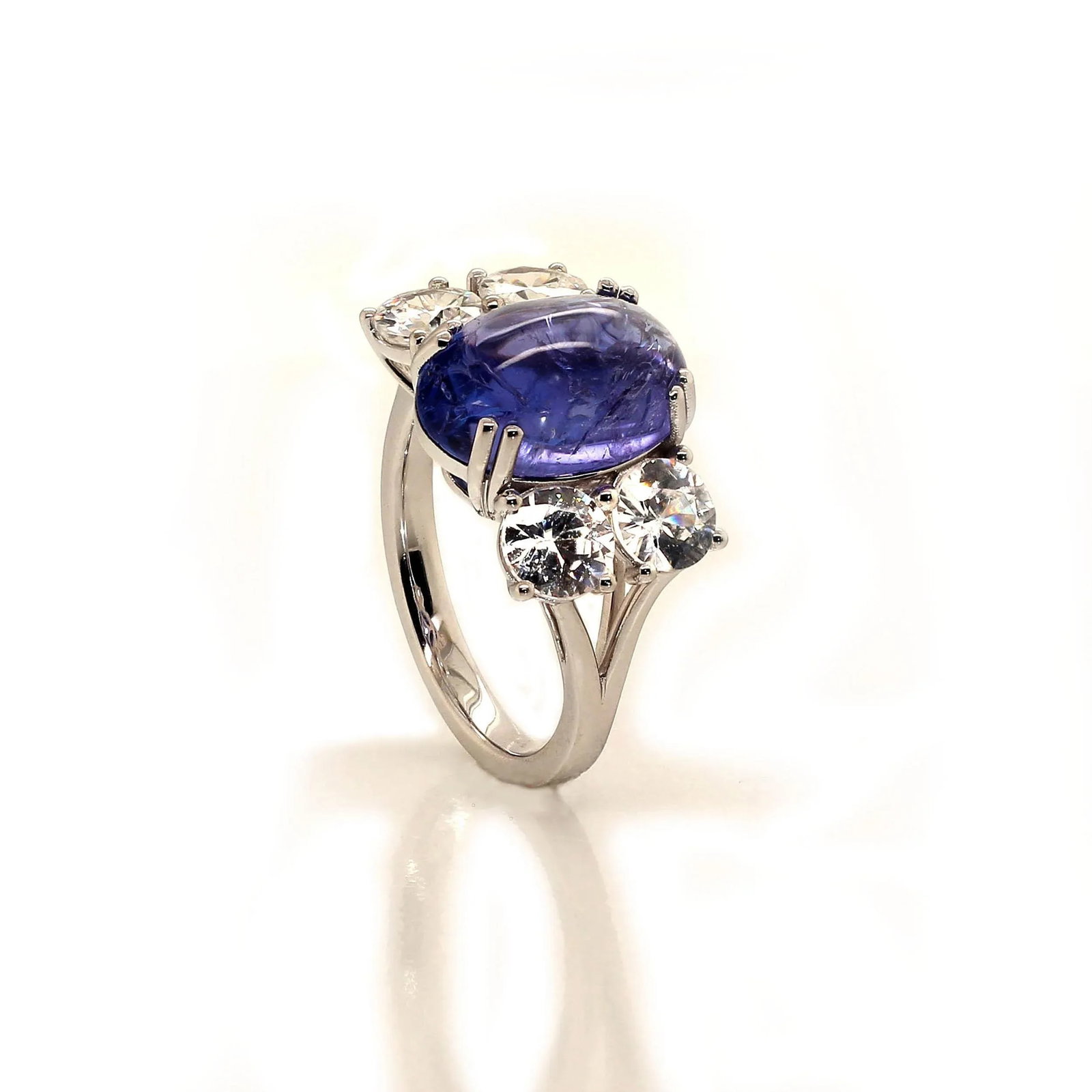 Dinner Ring of Cabochon Tanzanite and Sparkling Genuine Zircons Size 6.75 - 7