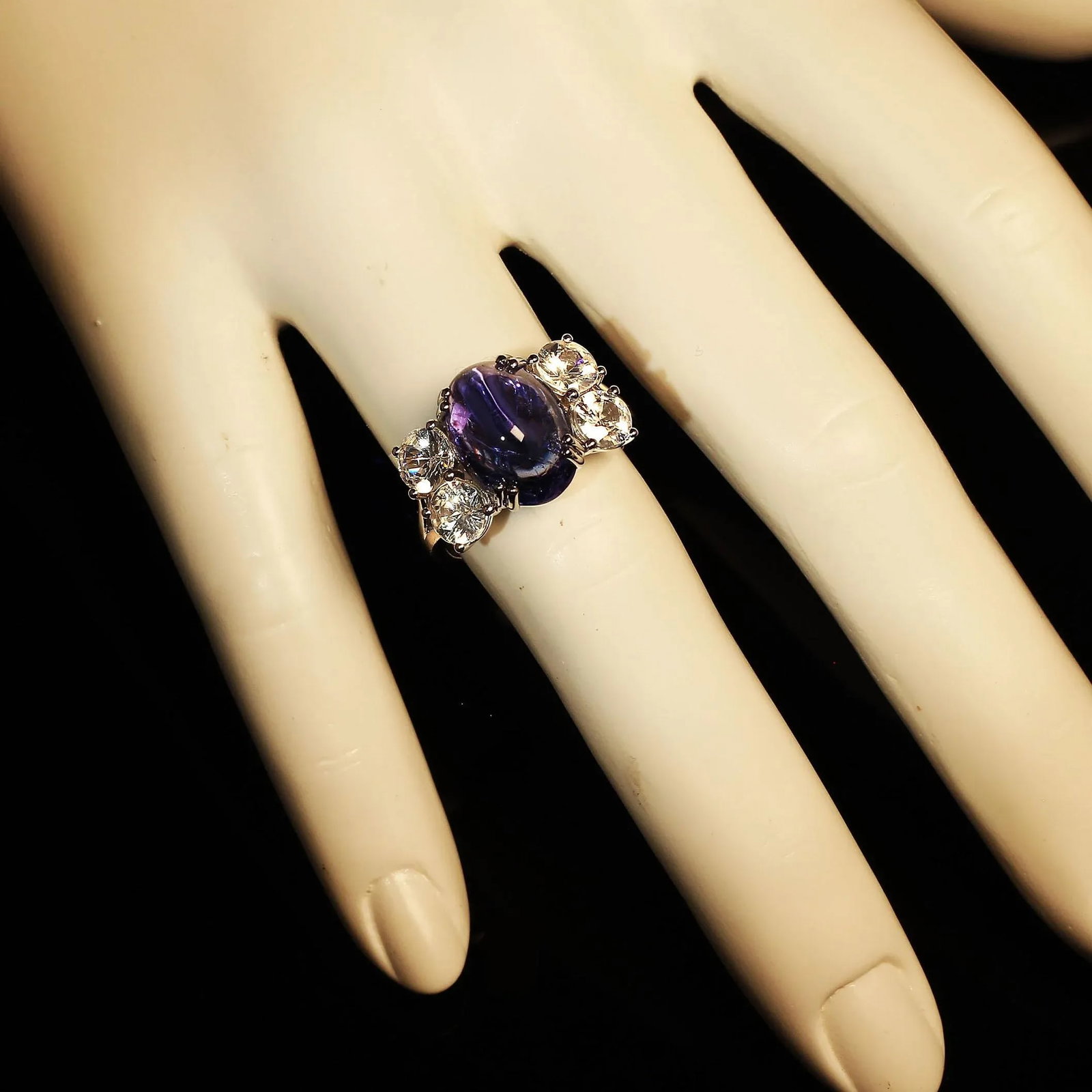 Dinner Ring of Cabochon Tanzanite and Sparkling Genuine Zircons Size 6.75 - 8