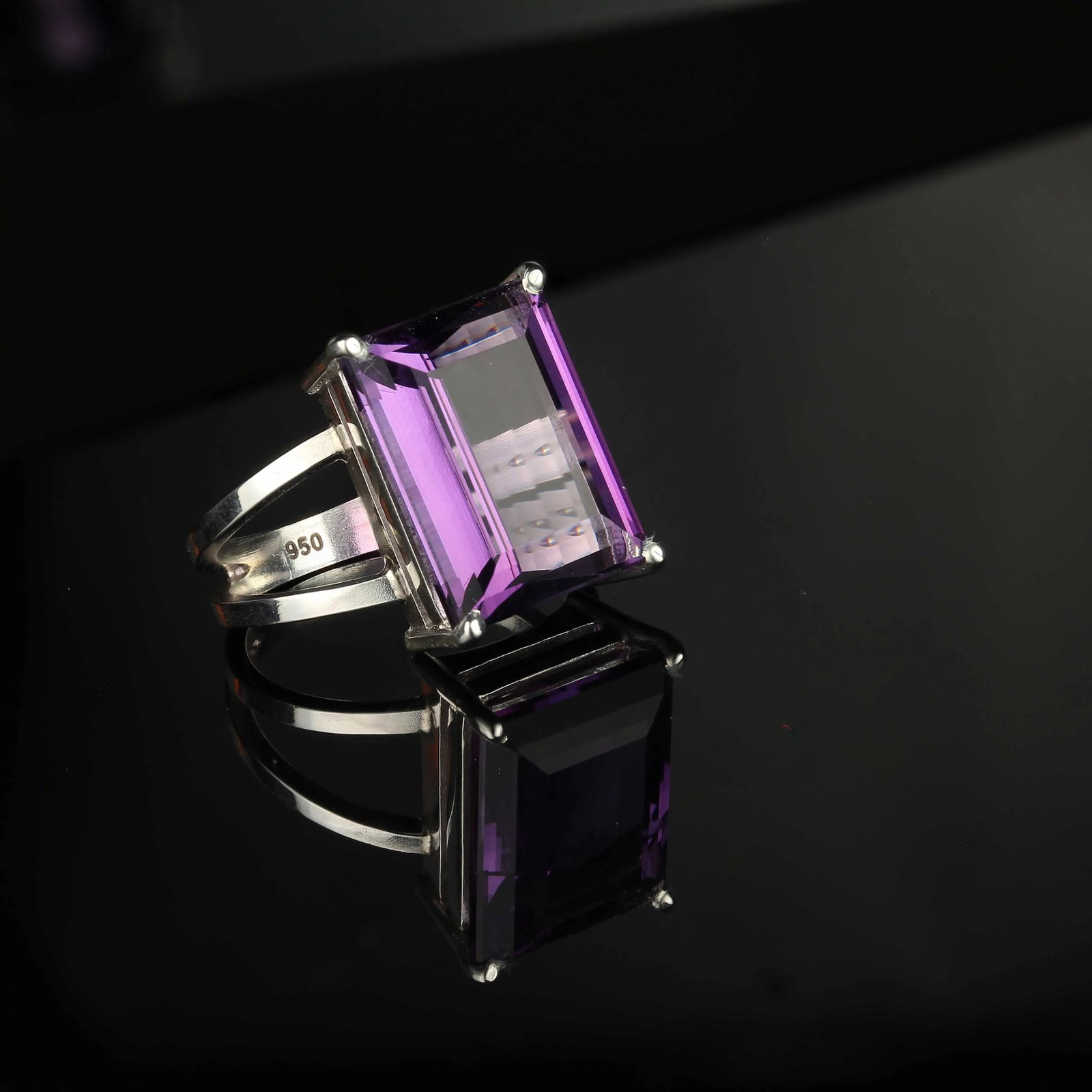 Emerald Cut 12ct Amethyst & Sterling Ring Size 7.75 - 4